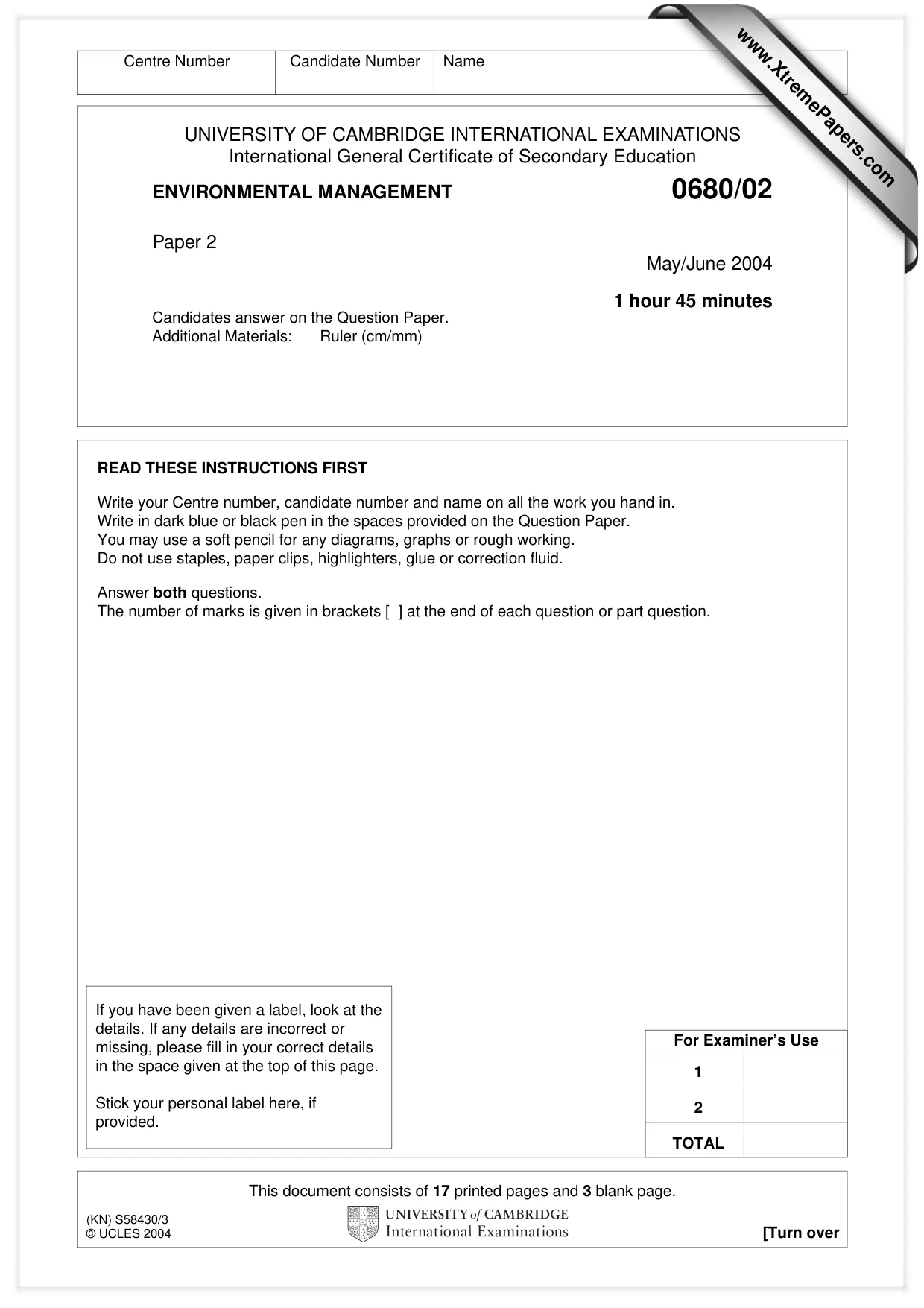Cambridge IGCSE Environmental Management 0680 2004 May/June Paper 2 · Variant 1 question paper, page 1 of 20