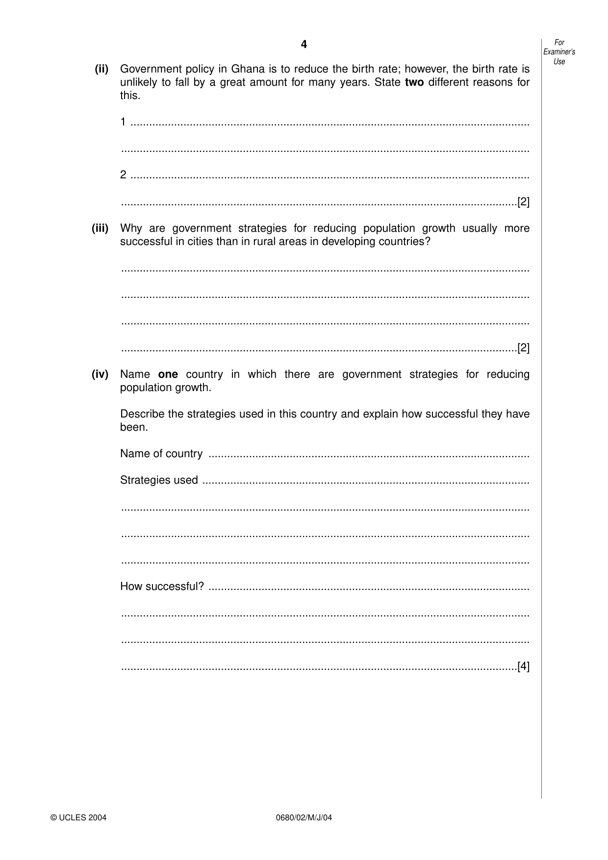 Cambridge IGCSE Environmental Management 0680 2004 May/June Paper 2 · Variant 1 question paper, page 4 of 20