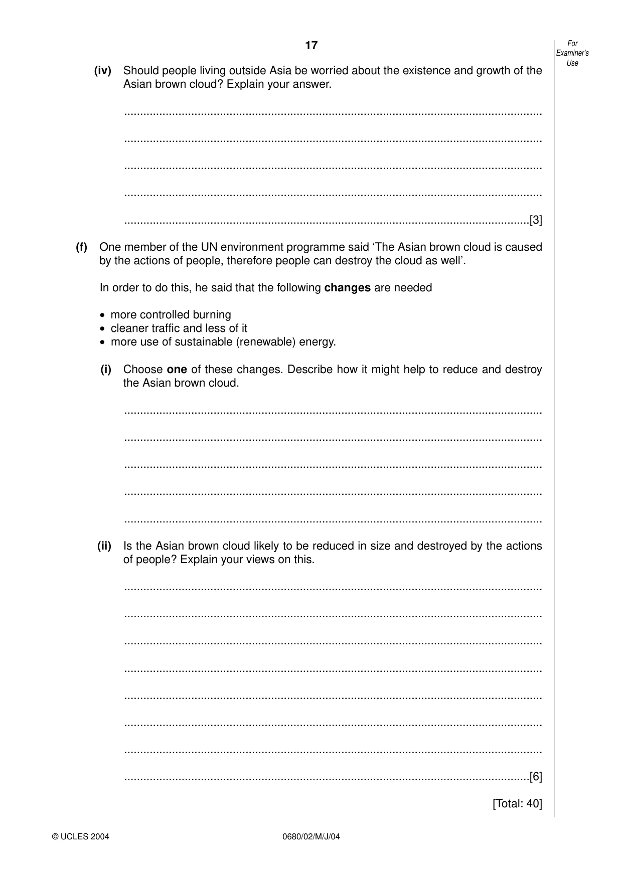 Cambridge IGCSE Environmental Management 0680 2004 May/June Paper 2 · Variant 1 question paper, page 17 of 20