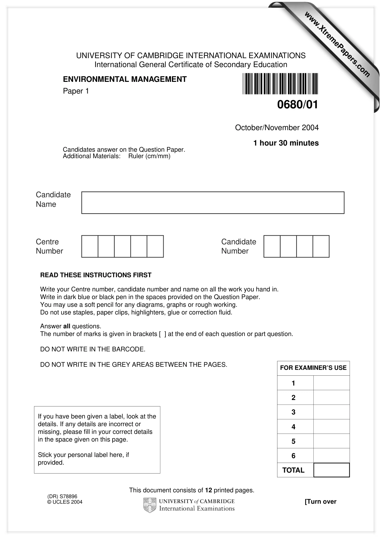 Cambridge IGCSE Environmental Management 0680 2004 Oct/Nov Paper 1 · Variant 1 question paper, page 1 of 12