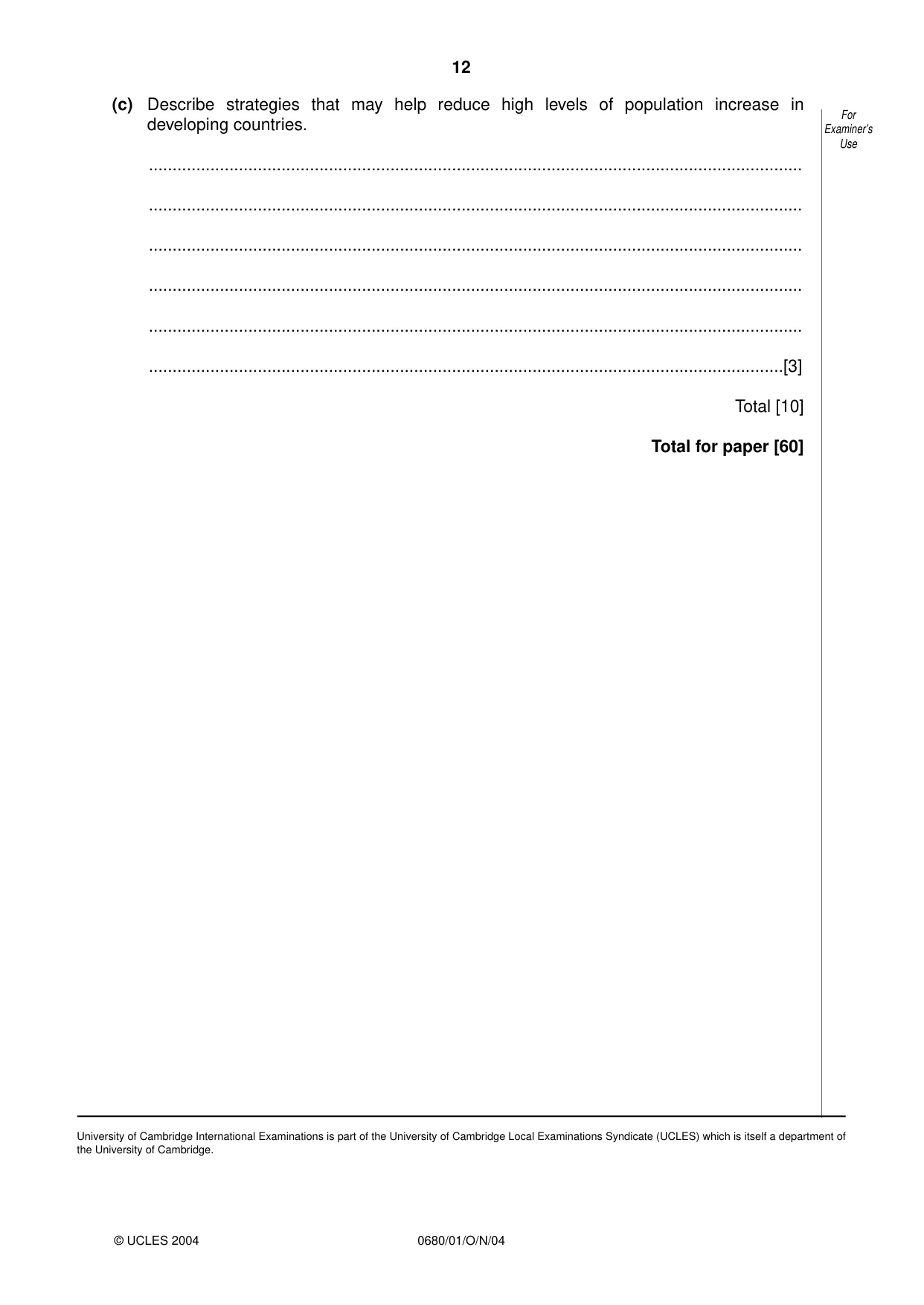 Cambridge IGCSE Environmental Management 0680 2004 Oct/Nov Paper 1 · Variant 1 question paper, page 12 of 12