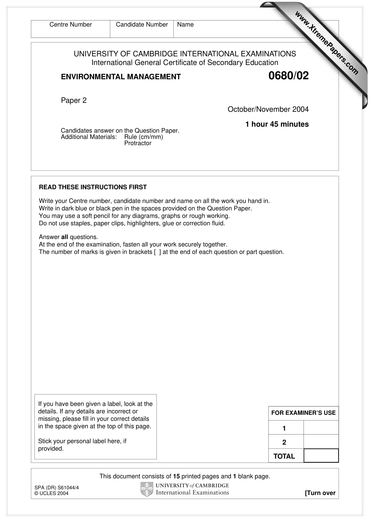 Cambridge IGCSE Environmental Management 0680 2004 Oct/Nov Paper 2 · Variant 1 question paper, page 1 of 16