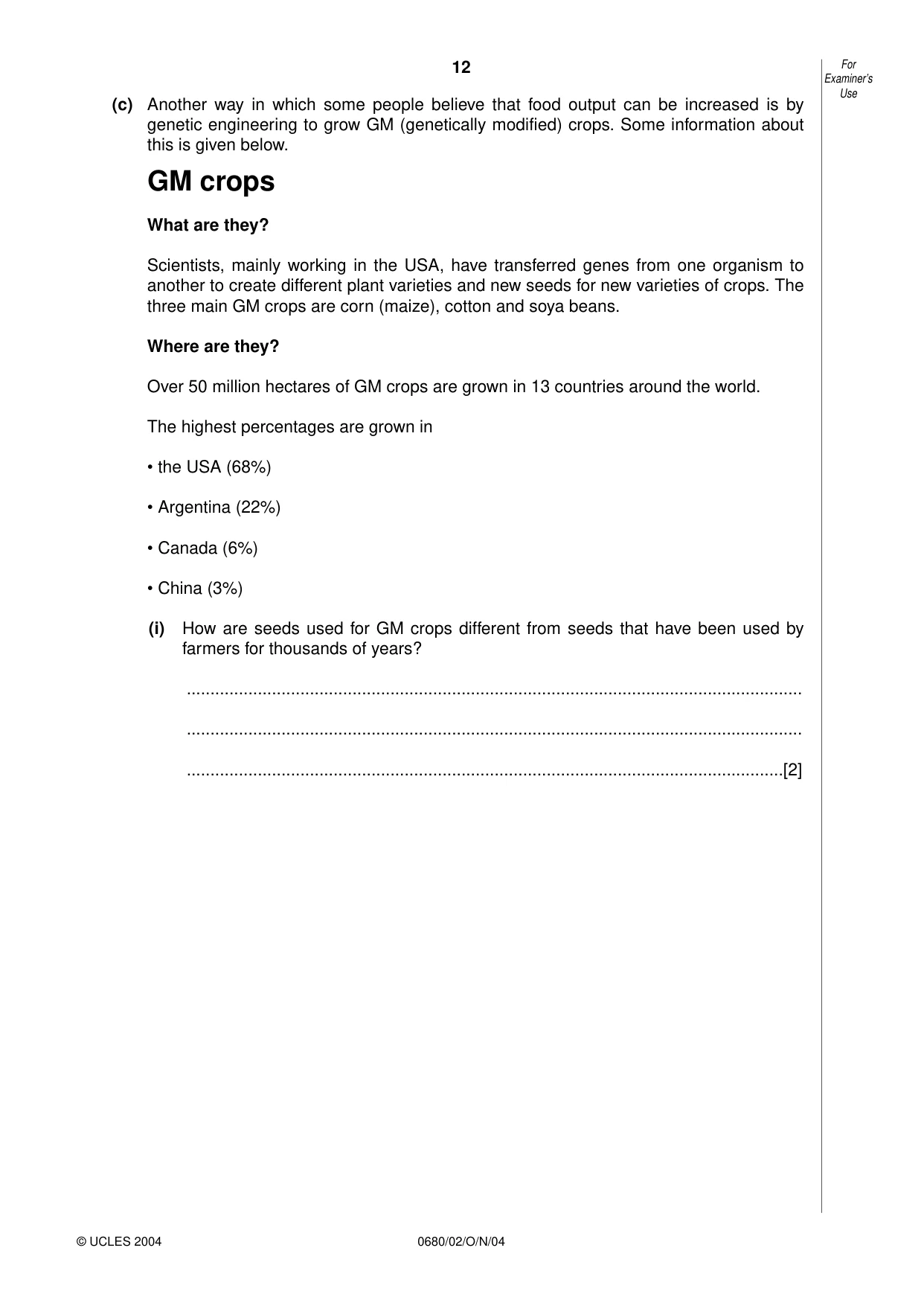 Cambridge IGCSE Environmental Management 0680 2004 Oct/Nov Paper 2 · Variant 1 question paper, page 12 of 16