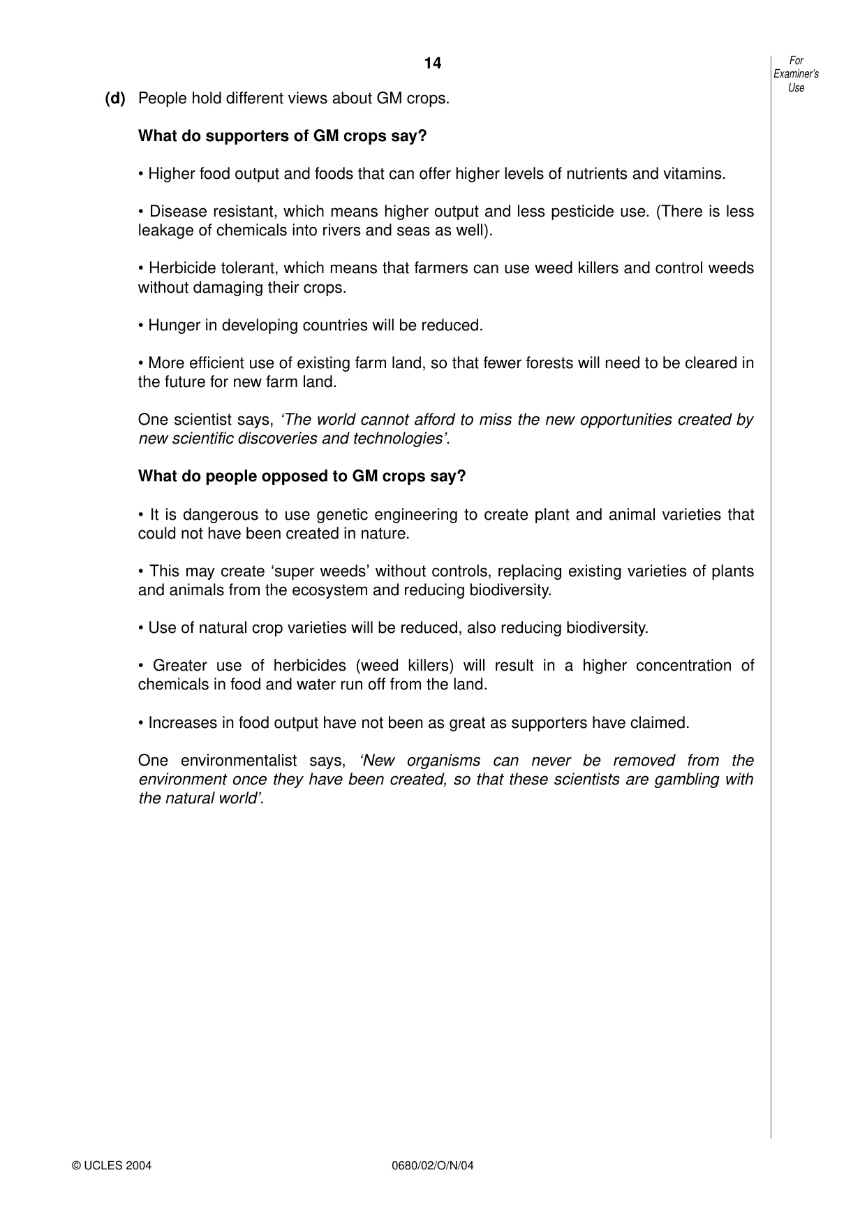 Cambridge IGCSE Environmental Management 0680 2004 Oct/Nov Paper 2 · Variant 1 question paper, page 14 of 16