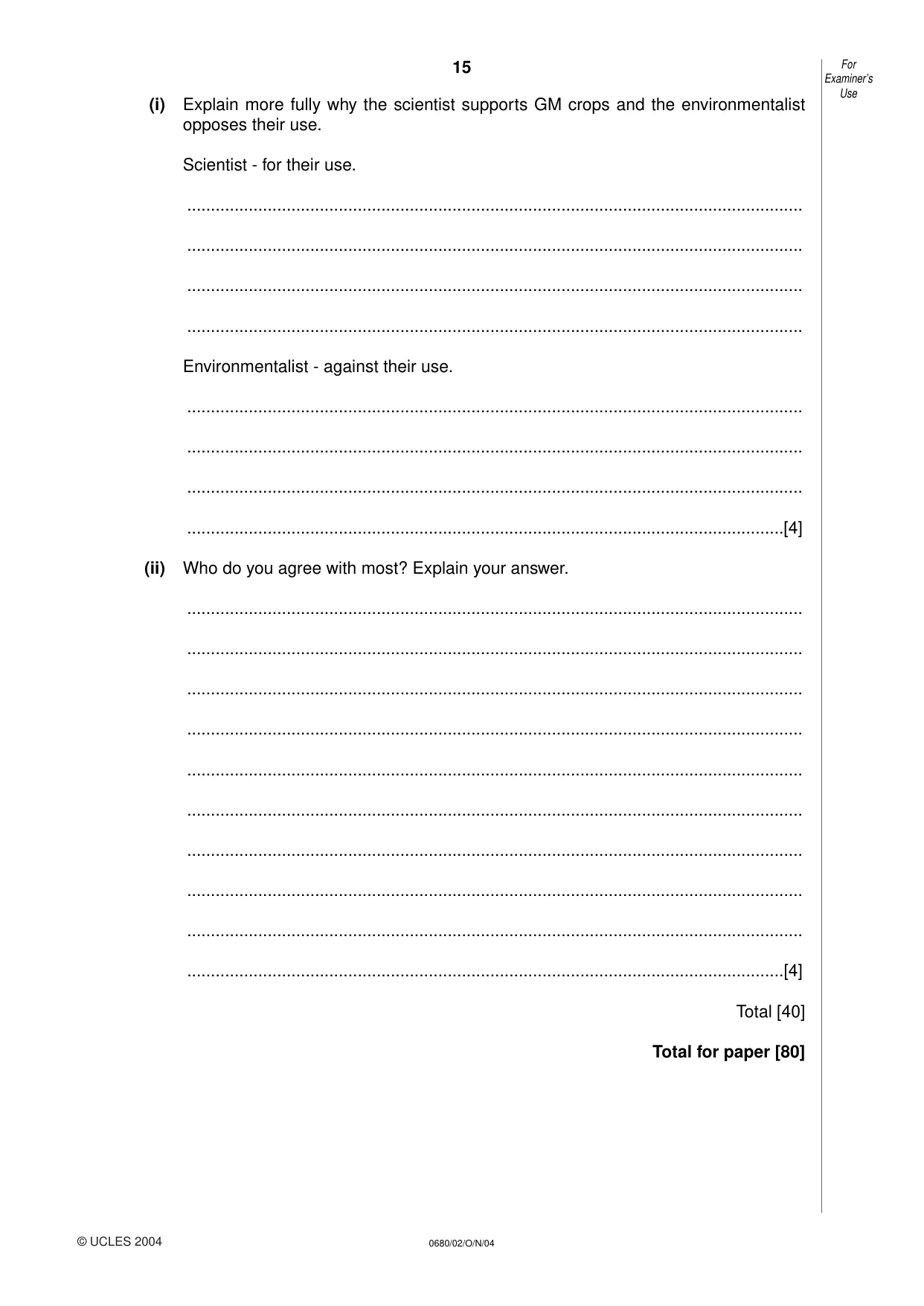 Cambridge IGCSE Environmental Management 0680 2004 Oct/Nov Paper 2 · Variant 1 question paper, page 15 of 16