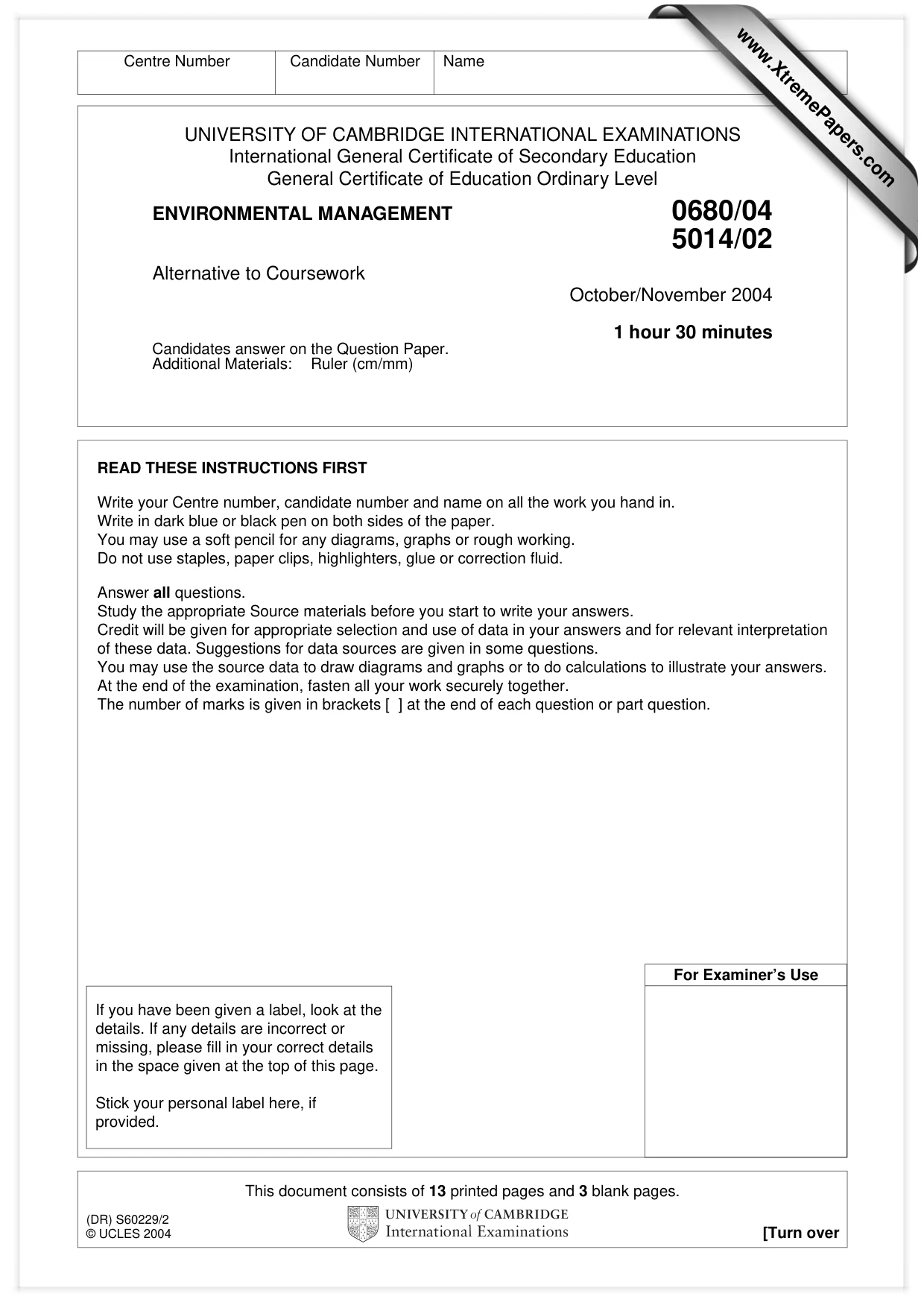Cambridge IGCSE Environmental Management 0680 2004 Oct/Nov Paper 4 · Variant 1 question paper, page 1 of 16