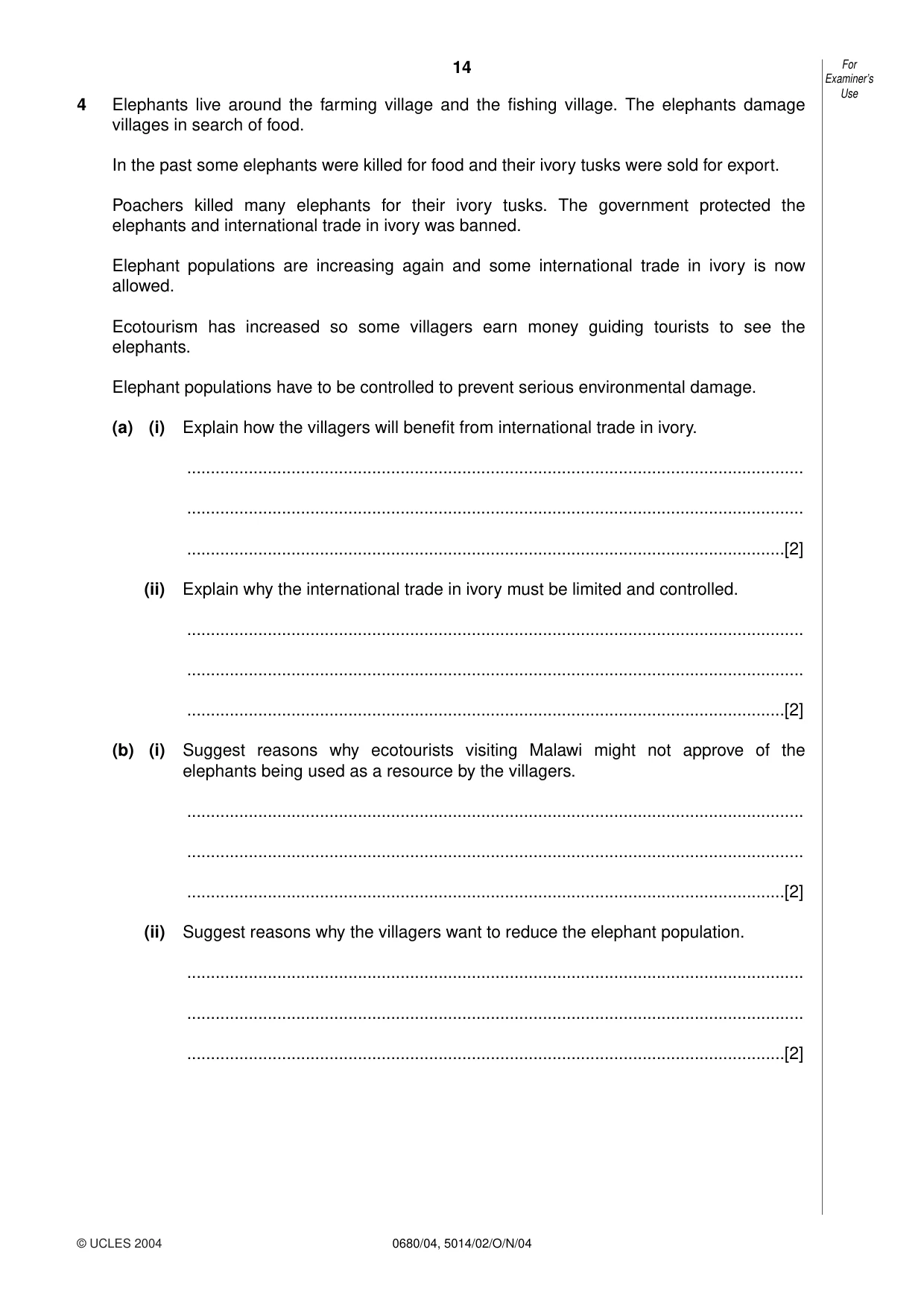 Cambridge IGCSE Environmental Management 0680 2004 Oct/Nov Paper 4 · Variant 1 question paper, page 14 of 16
