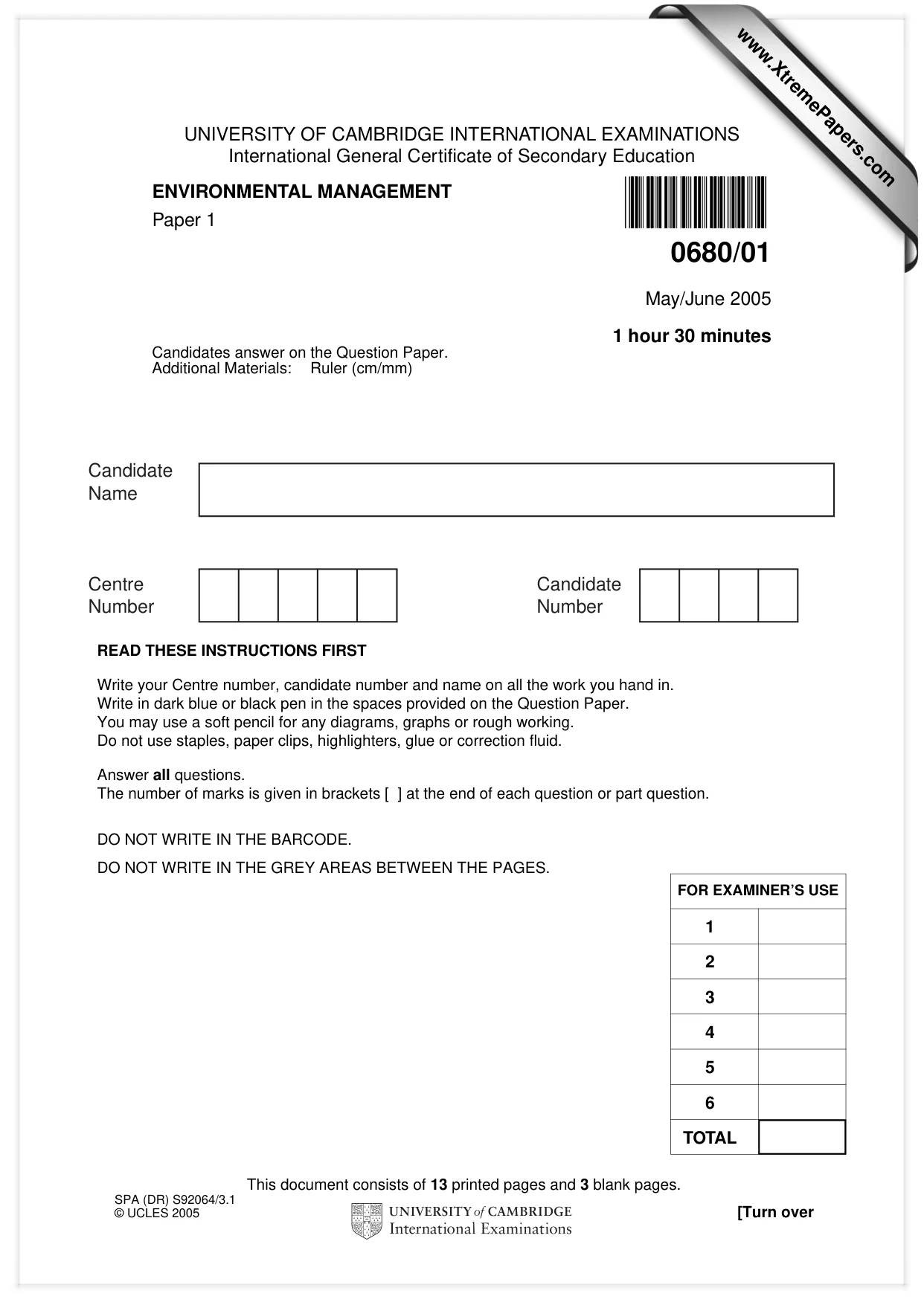 Cambridge IGCSE Environmental Management 0680 2005 May/June Paper 1 · Variant 1 question paper, page 1 of 16