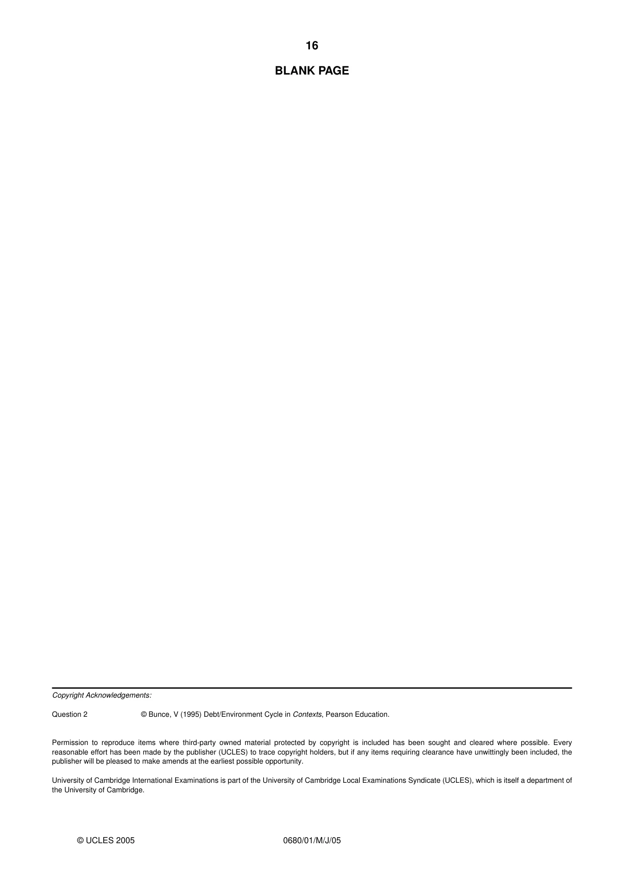 Cambridge IGCSE Environmental Management 0680 2005 May/June Paper 1 · Variant 1 question paper, page 16 of 16