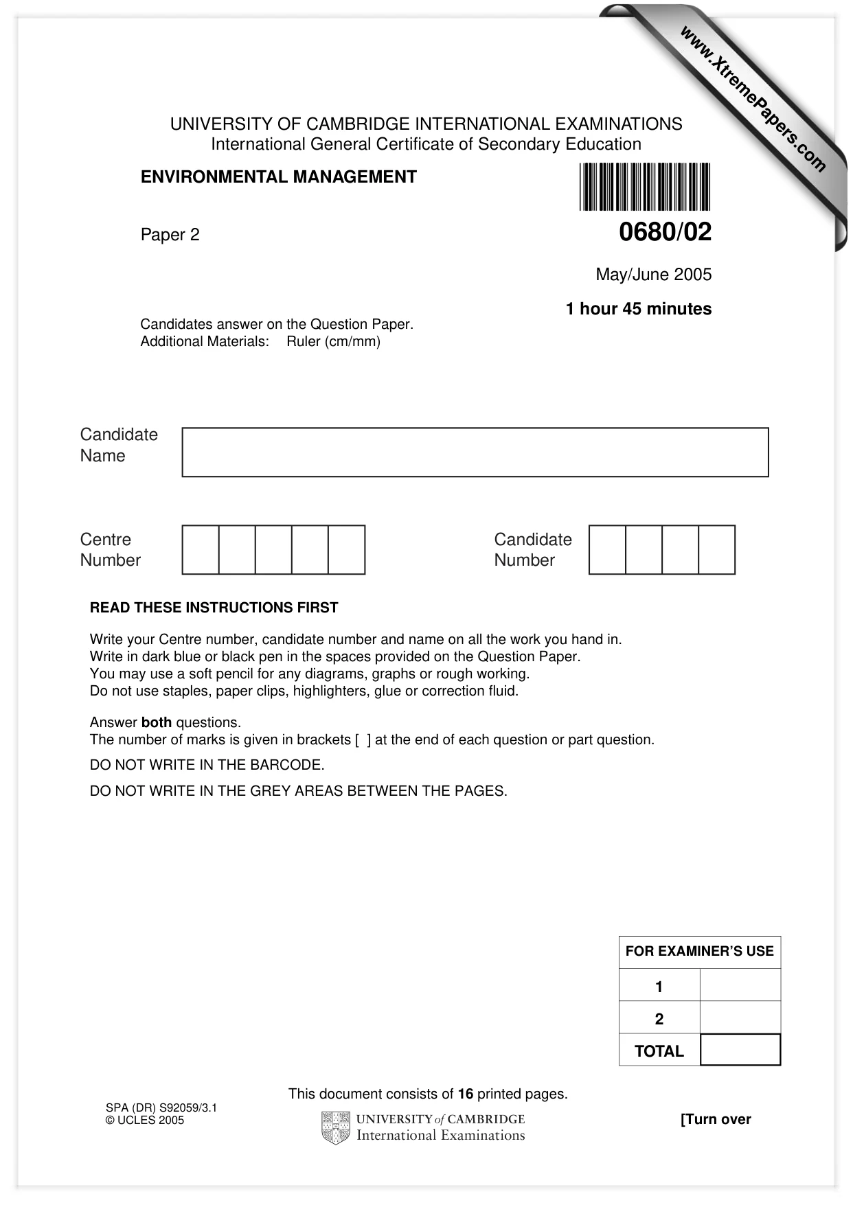 Cambridge IGCSE Environmental Management 0680 2005 May/June Paper 2 · Variant 1 question paper, page 1 of 16