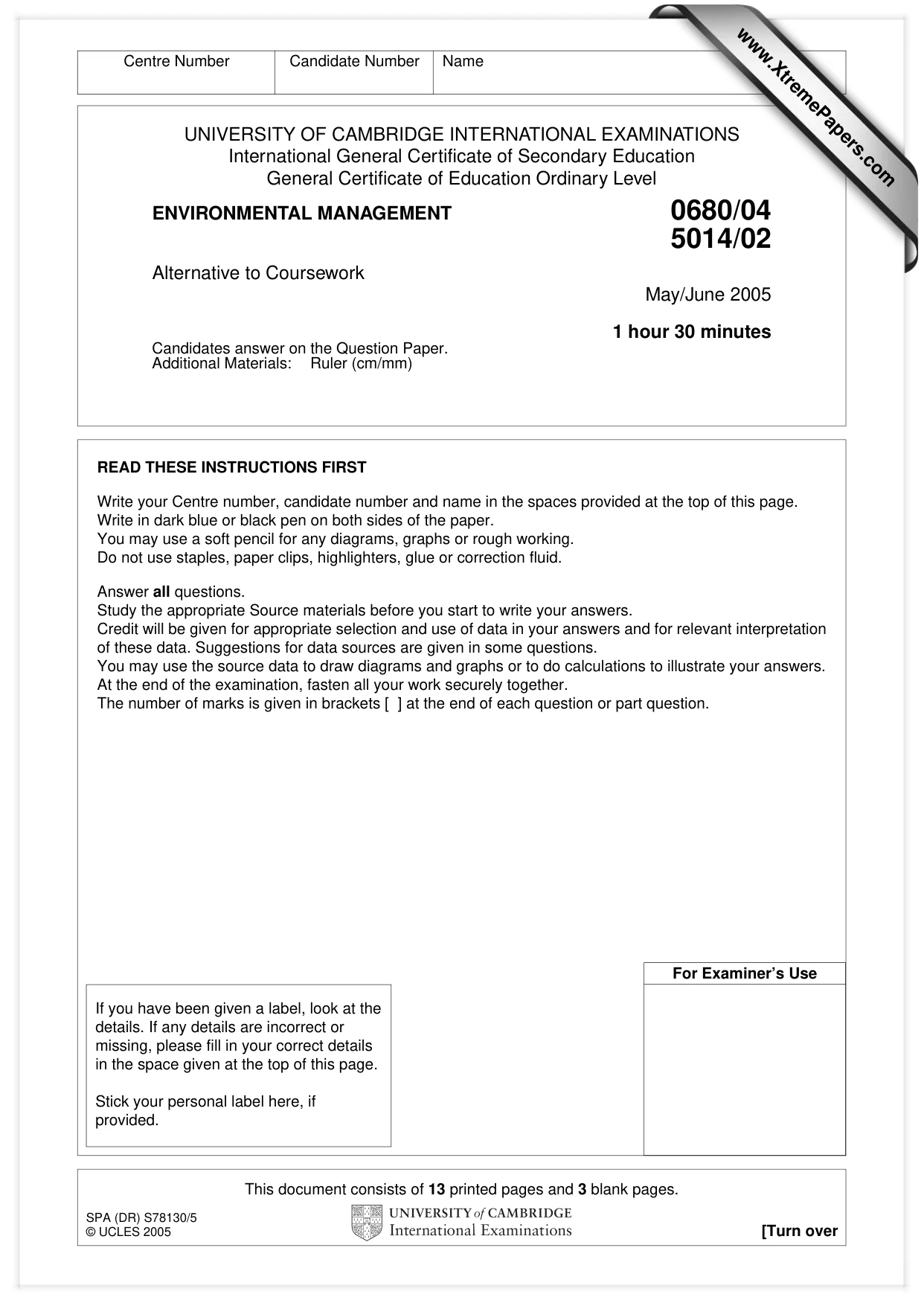 Cambridge IGCSE Environmental Management 0680 2005 May/June Paper 4 · Variant 1 question paper, page 1 of 16