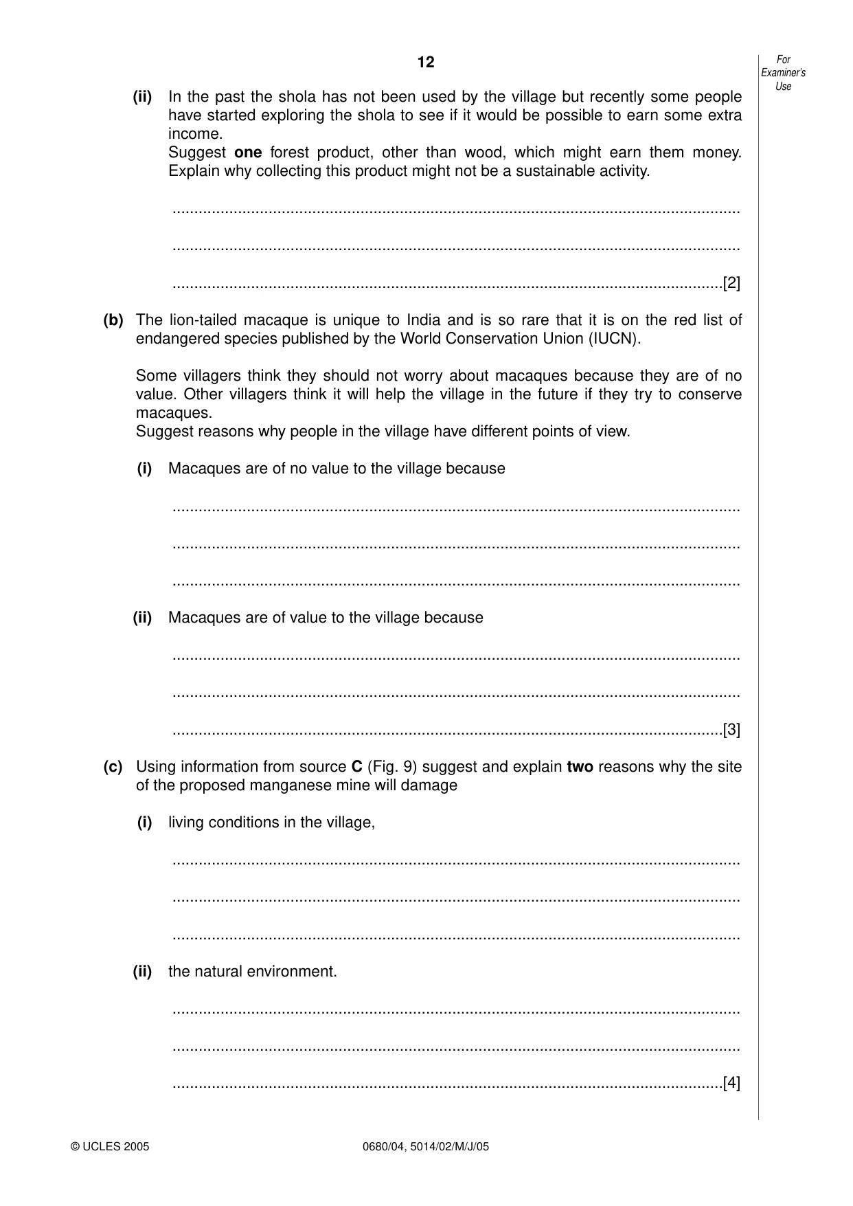 Cambridge IGCSE Environmental Management 0680 2005 May/June Paper 4 · Variant 1 question paper, page 12 of 16