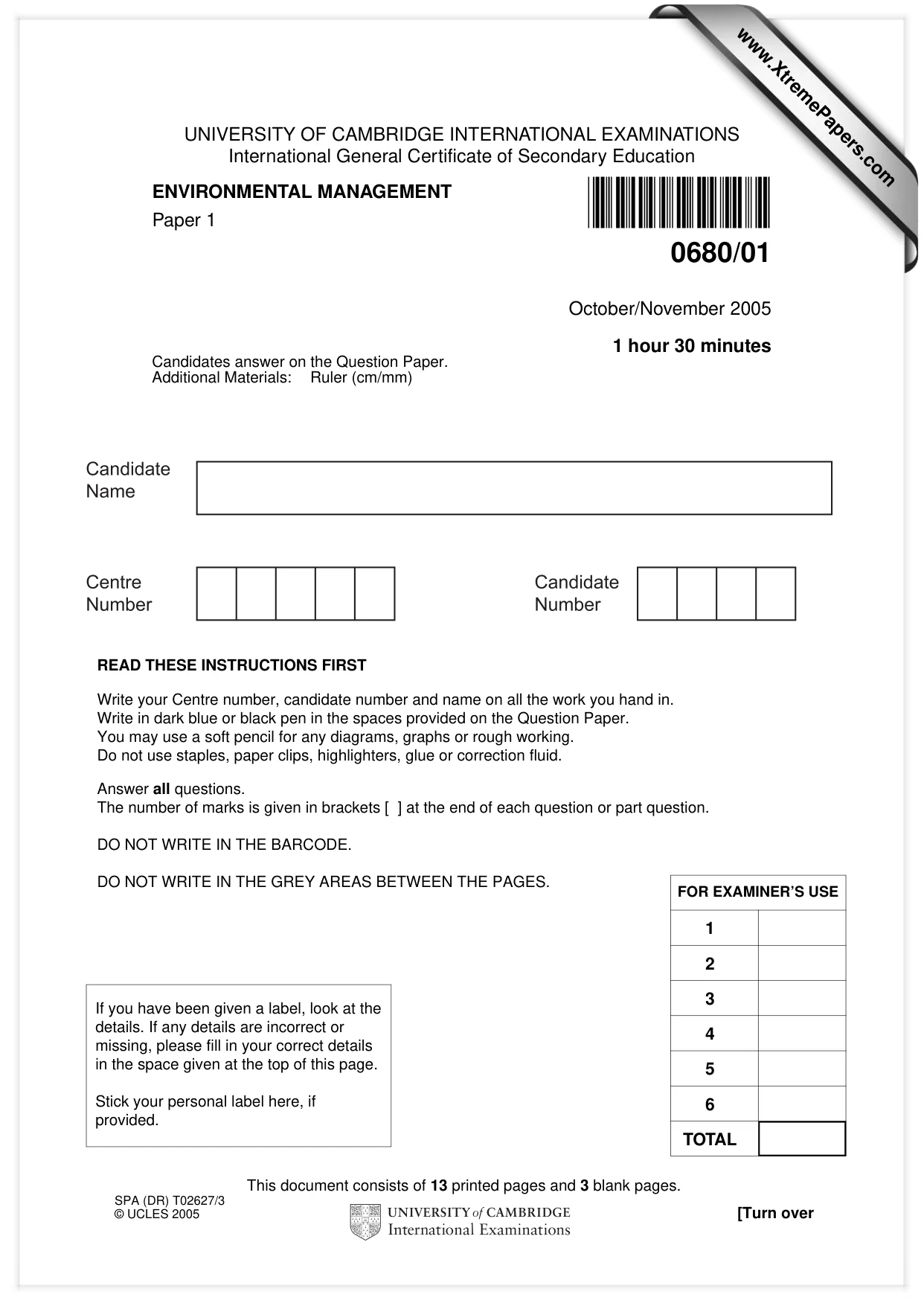 Cambridge IGCSE Environmental Management 0680 2005 Oct/Nov Paper 1 · Variant 1 question paper, page 1 of 16
