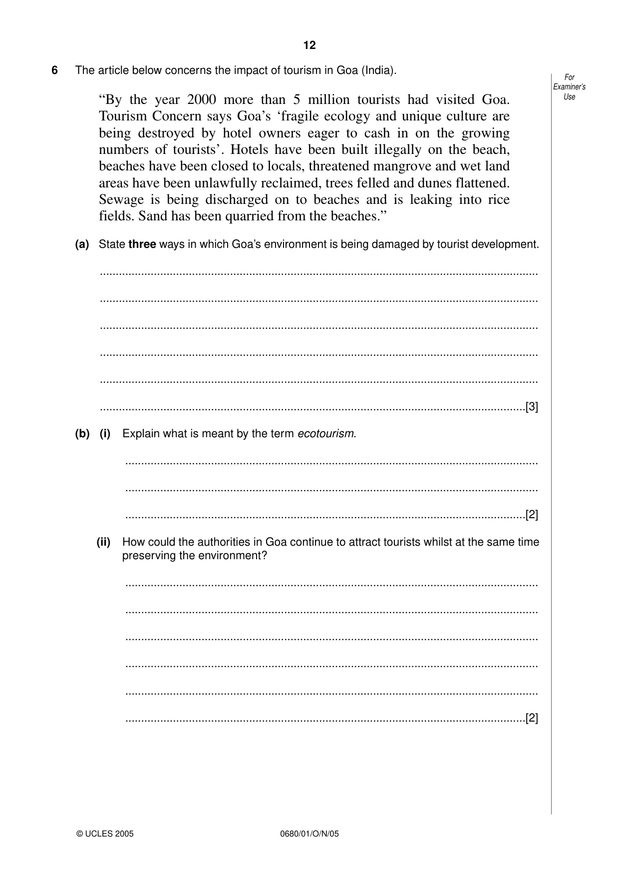 Cambridge IGCSE Environmental Management 0680 2005 Oct/Nov Paper 1 · Variant 1 question paper, page 12 of 16
