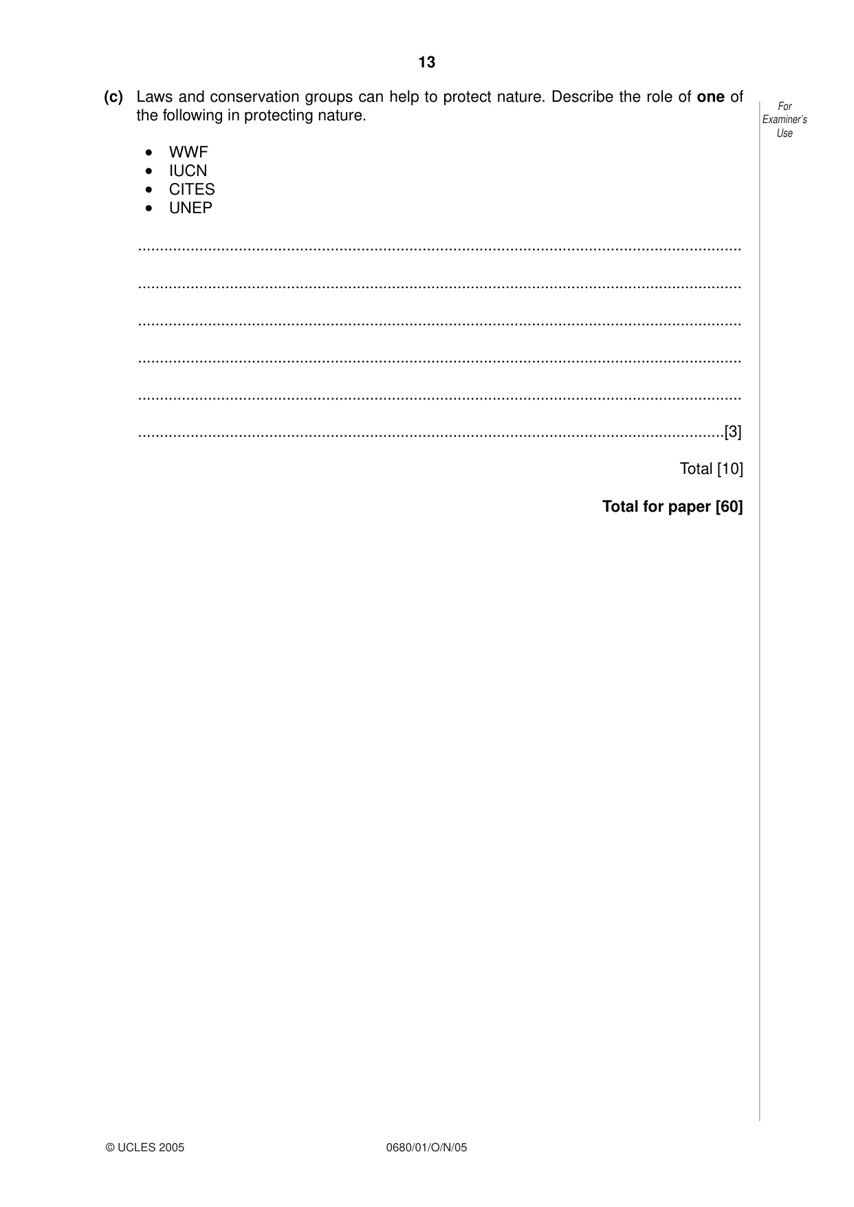 Cambridge IGCSE Environmental Management 0680 2005 Oct/Nov Paper 1 · Variant 1 question paper, page 13 of 16