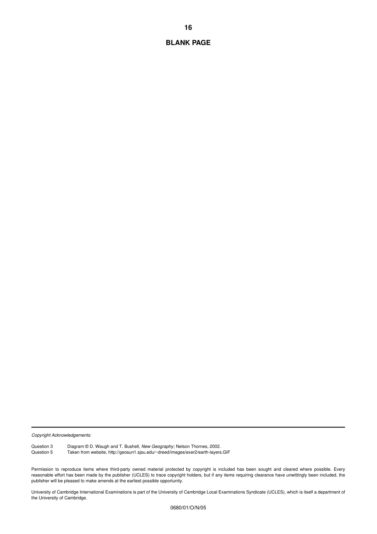 Cambridge IGCSE Environmental Management 0680 2005 Oct/Nov Paper 1 · Variant 1 question paper, page 16 of 16