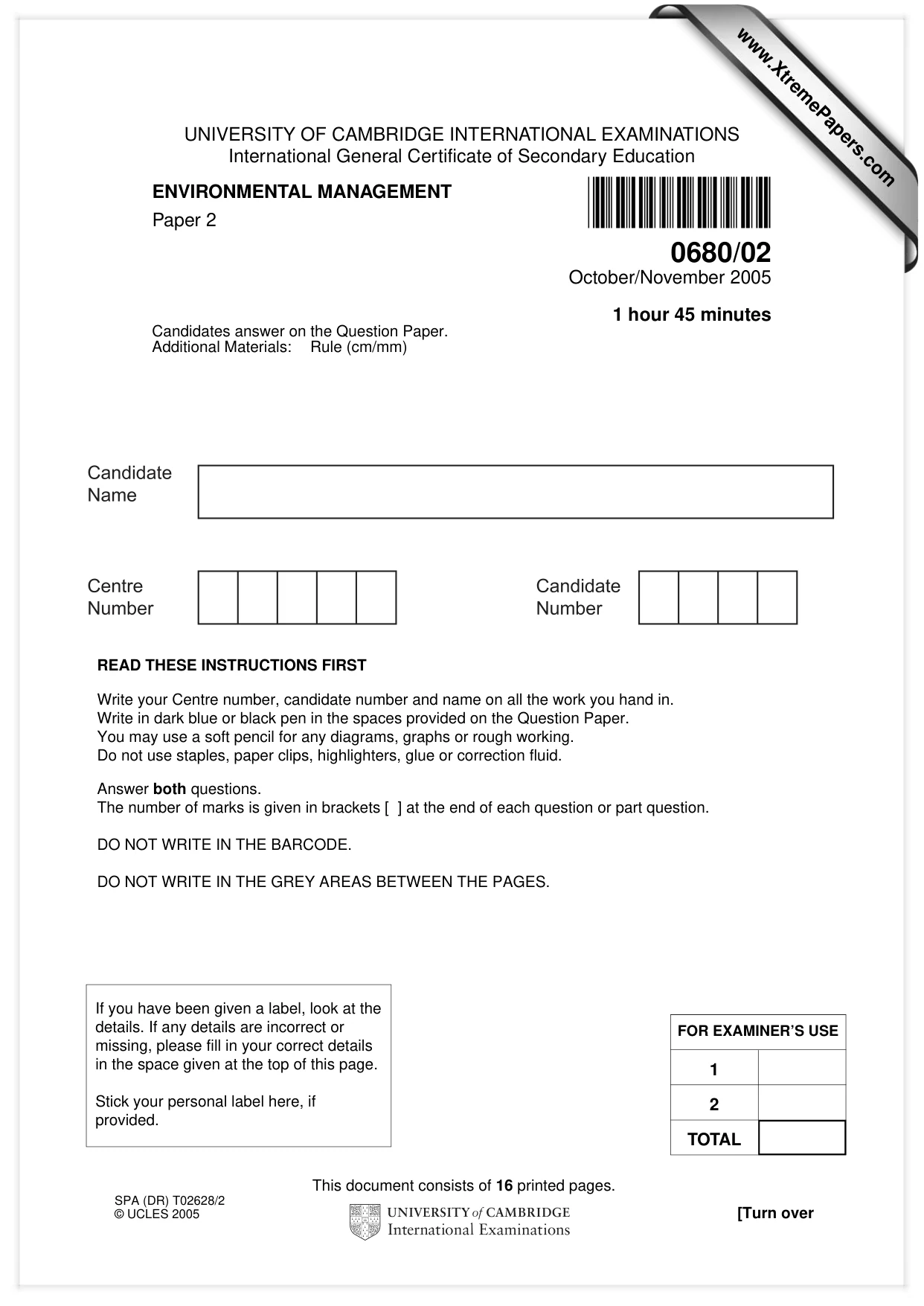 Cambridge IGCSE Environmental Management 0680 2005 Oct/Nov Paper 2 · Variant 1 question paper, page 1 of 16