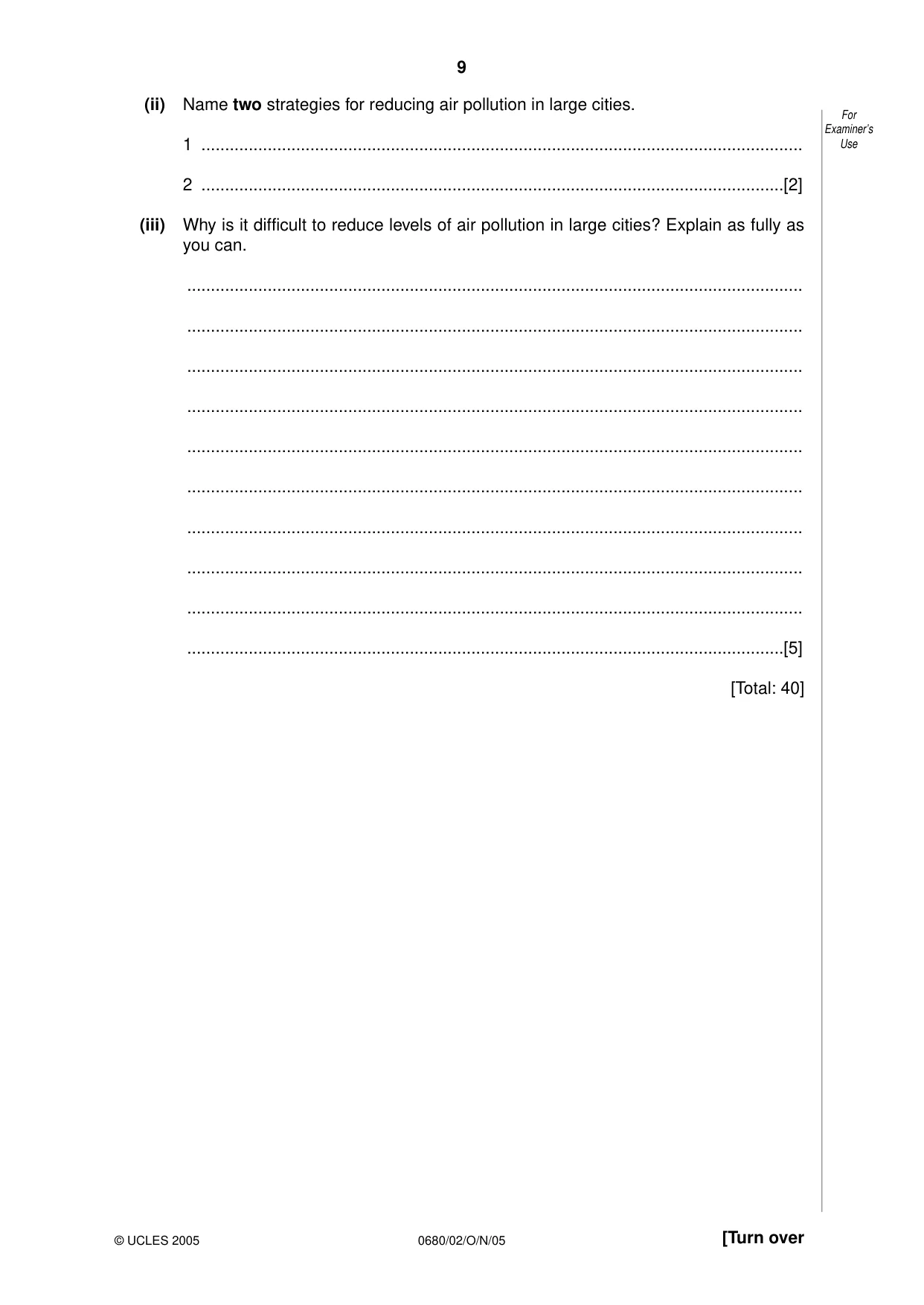 Cambridge IGCSE Environmental Management 0680 2005 Oct/Nov Paper 2 · Variant 1 question paper, page 9 of 16