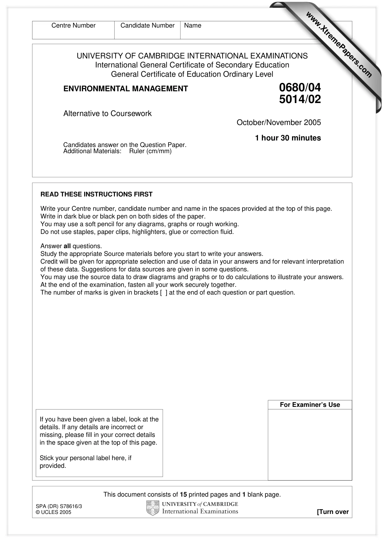 Cambridge IGCSE Environmental Management 0680 2005 Oct/Nov Paper 4 · Variant 1 question paper, page 1 of 16