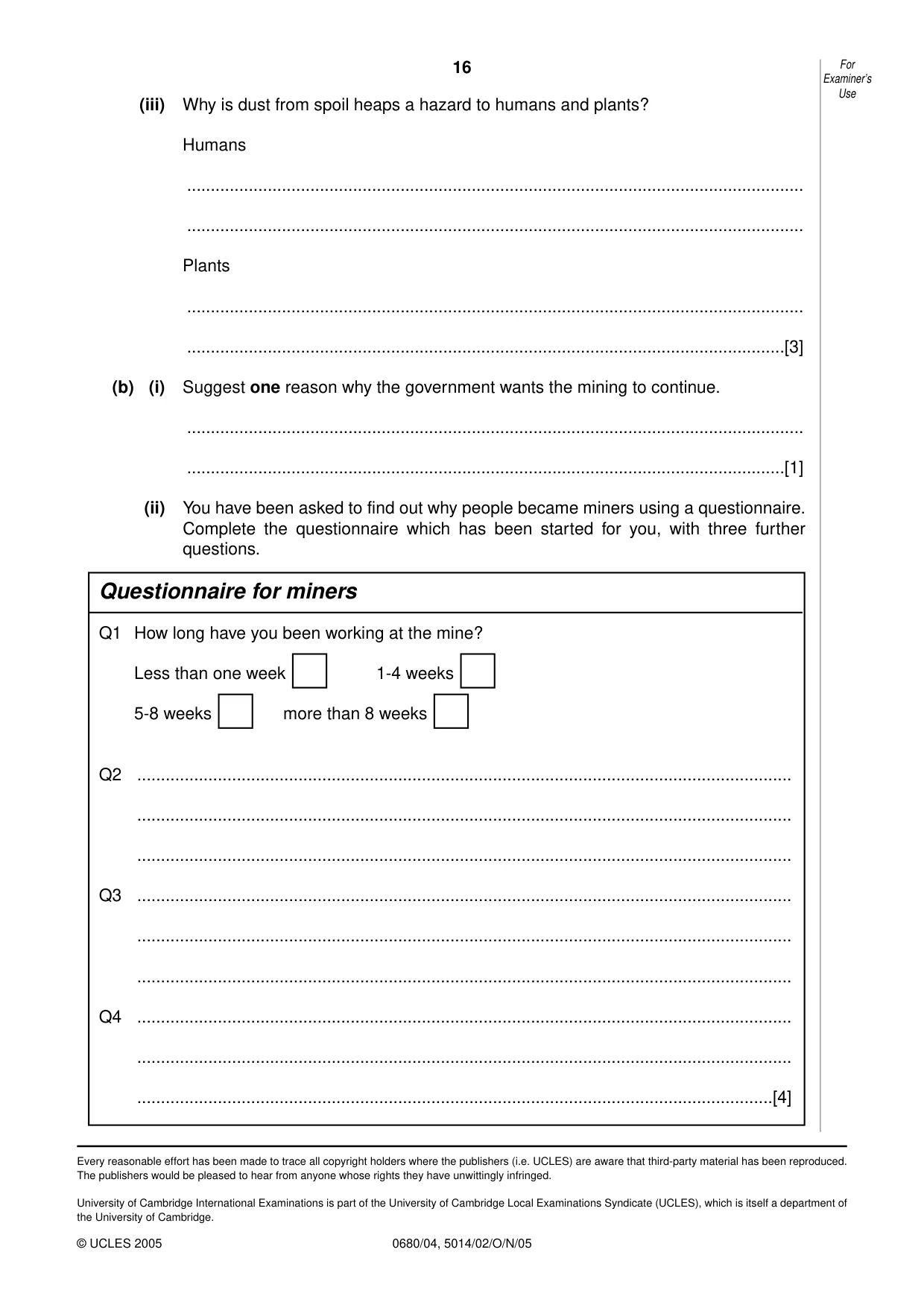 Cambridge IGCSE Environmental Management 0680 2005 Oct/Nov Paper 4 · Variant 1 question paper, page 16 of 16