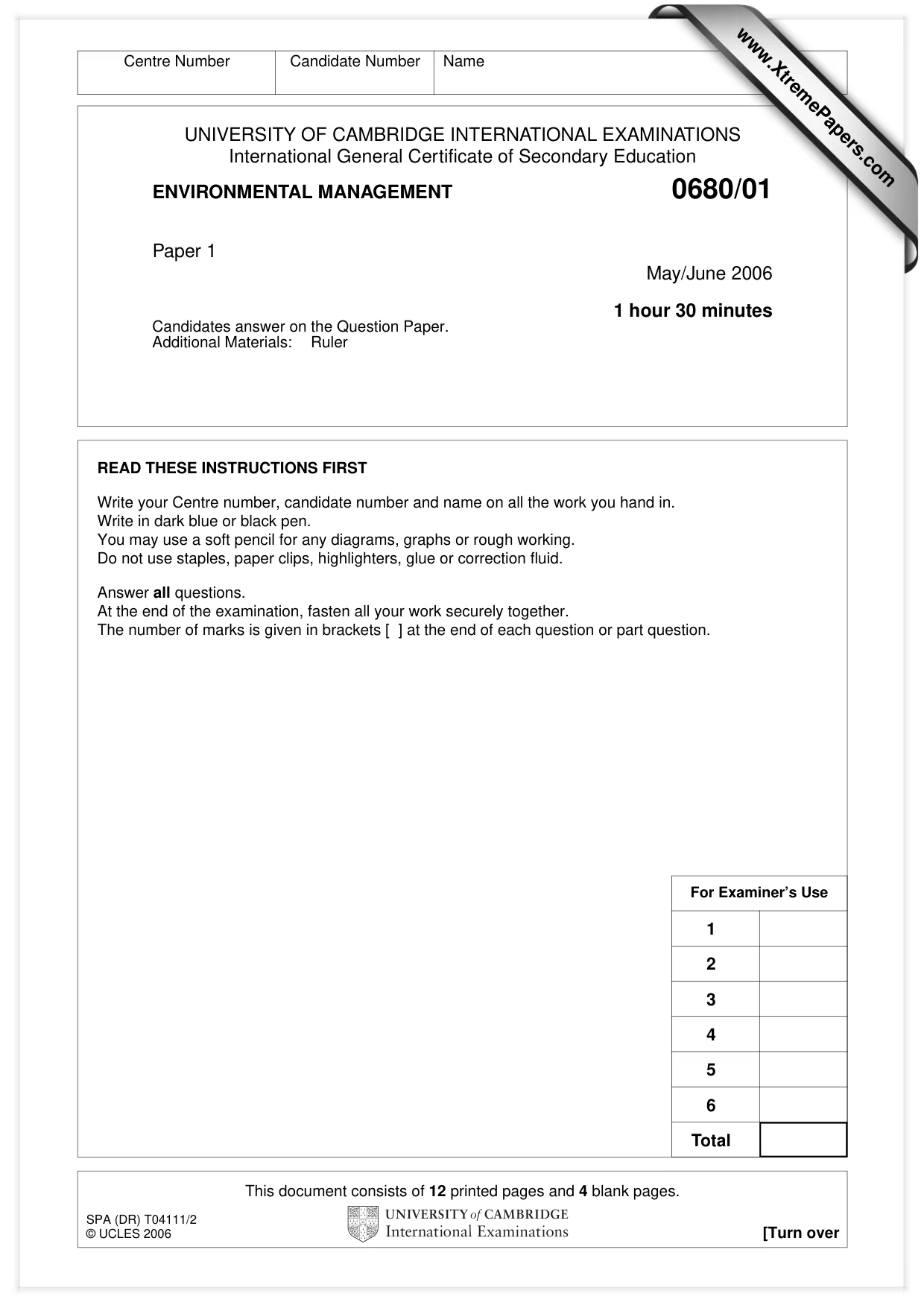 Cambridge IGCSE Environmental Management 0680 2006 May/June Paper 1 · Variant 1 question paper, page 1 of 16