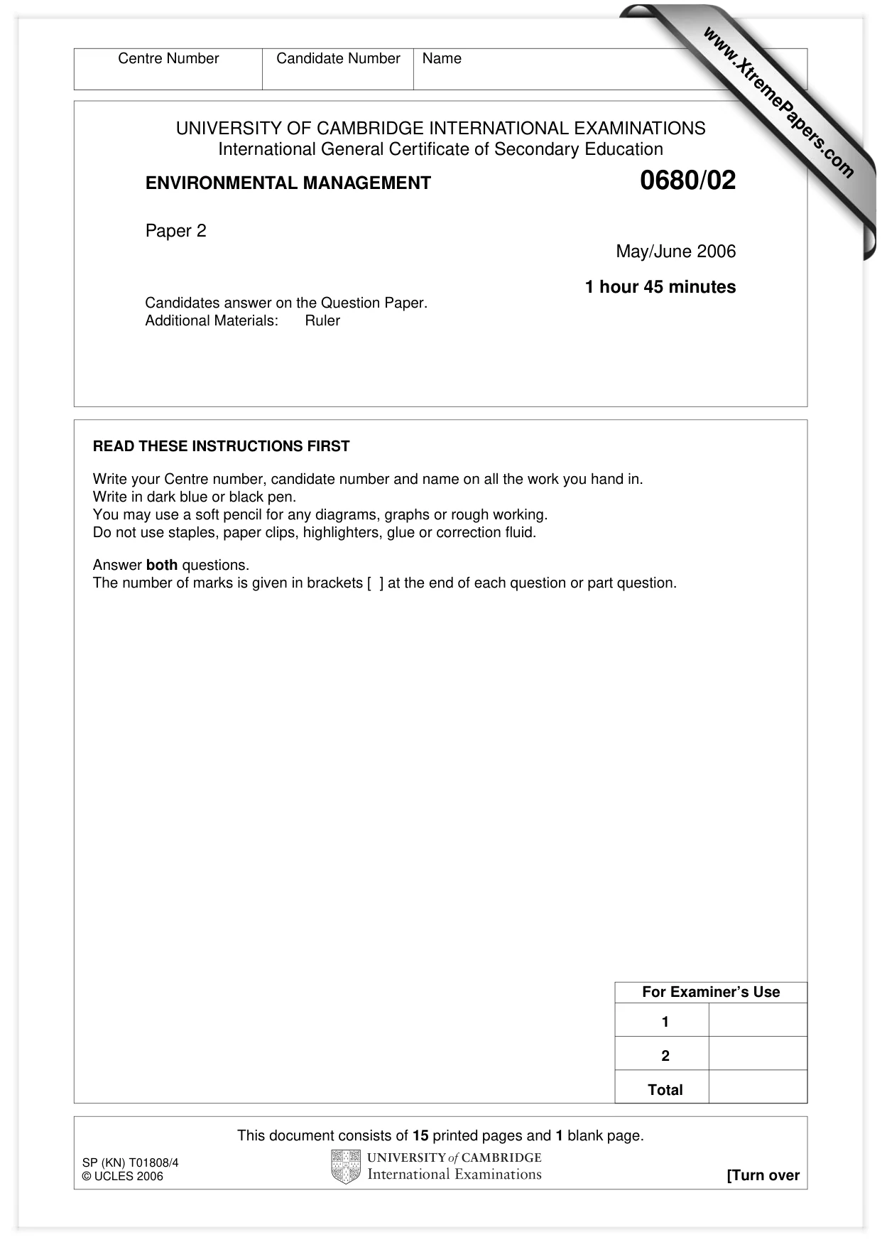 Cambridge IGCSE Environmental Management 0680 2006 May/June Paper 2 · Variant 1 question paper, page 1 of 16