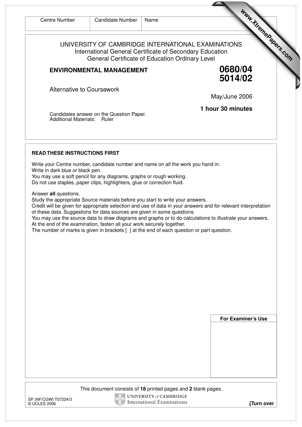 Cambridge IGCSE Environmental Management 0680 2006 May/June Paper 4 · Variant 1 question paper, page 1 of 20