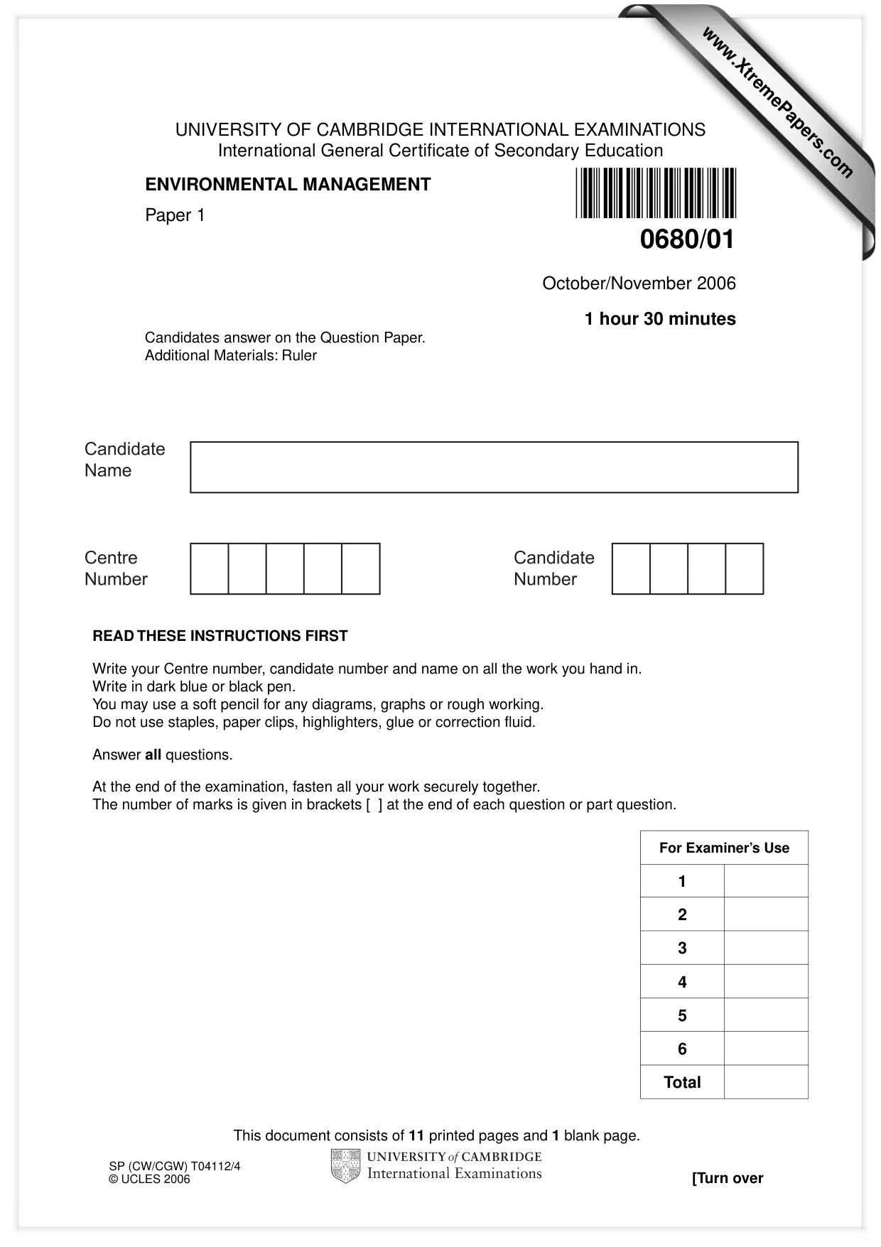 Cambridge IGCSE Environmental Management 0680 2006 Oct/Nov Paper 1 · Variant 1 question paper, page 1 of 12