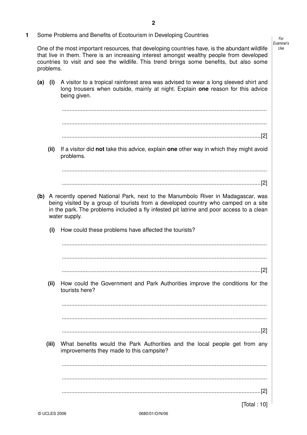 Cambridge IGCSE Environmental Management 0680 2006 Oct/Nov Paper 1 · Variant 1 question paper, page 2 of 12