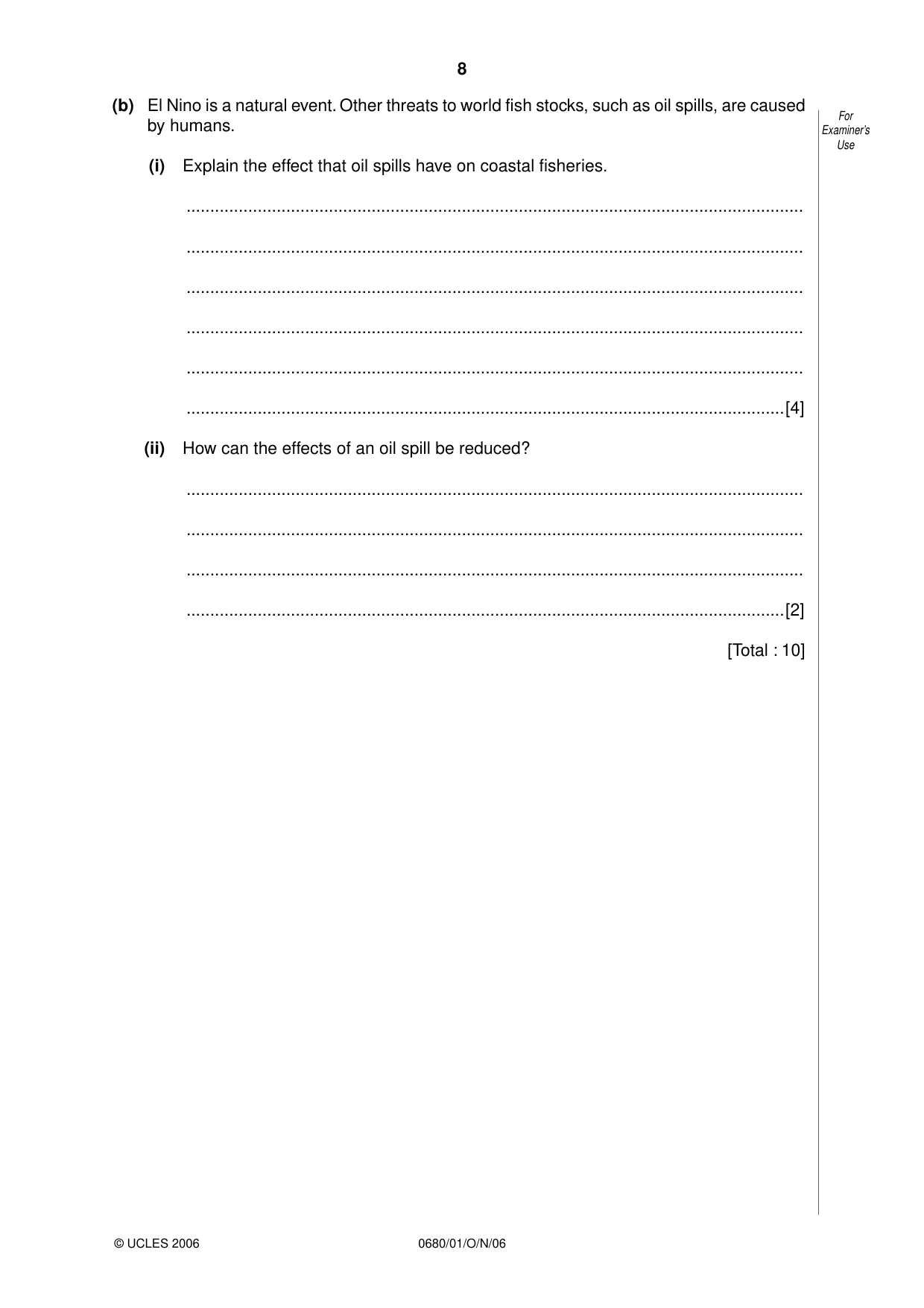 Cambridge IGCSE Environmental Management 0680 2006 Oct/Nov Paper 1 · Variant 1 question paper, page 8 of 12