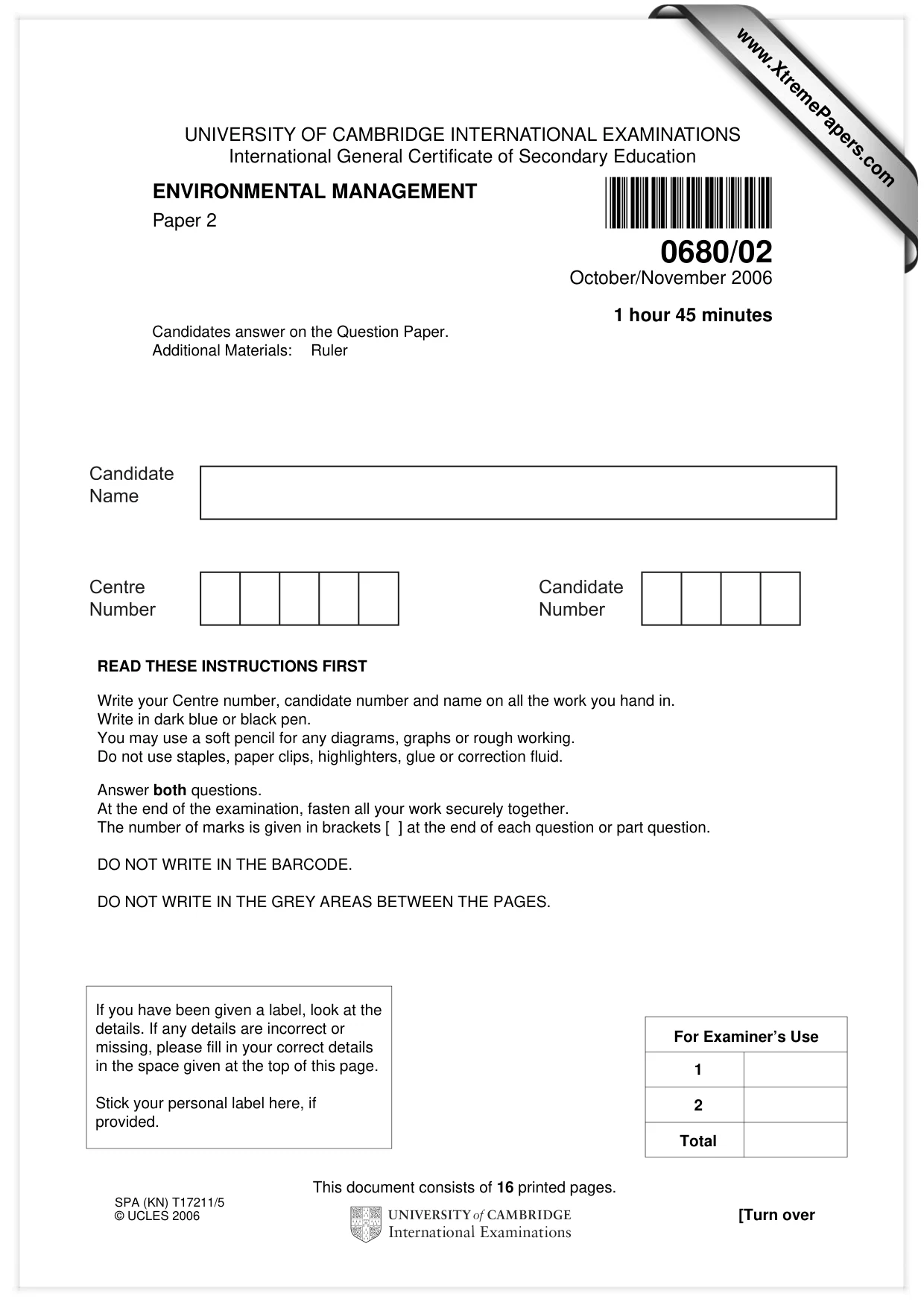 Cambridge IGCSE Environmental Management 0680 2006 Oct/Nov Paper 2 · Variant 1 question paper, page 1 of 16