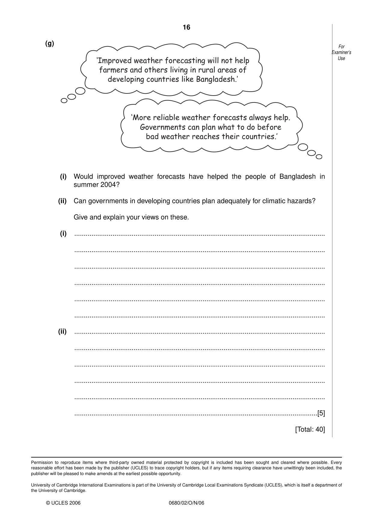 Cambridge IGCSE Environmental Management 0680 2006 Oct/Nov Paper 2 · Variant 1 question paper, page 16 of 16
