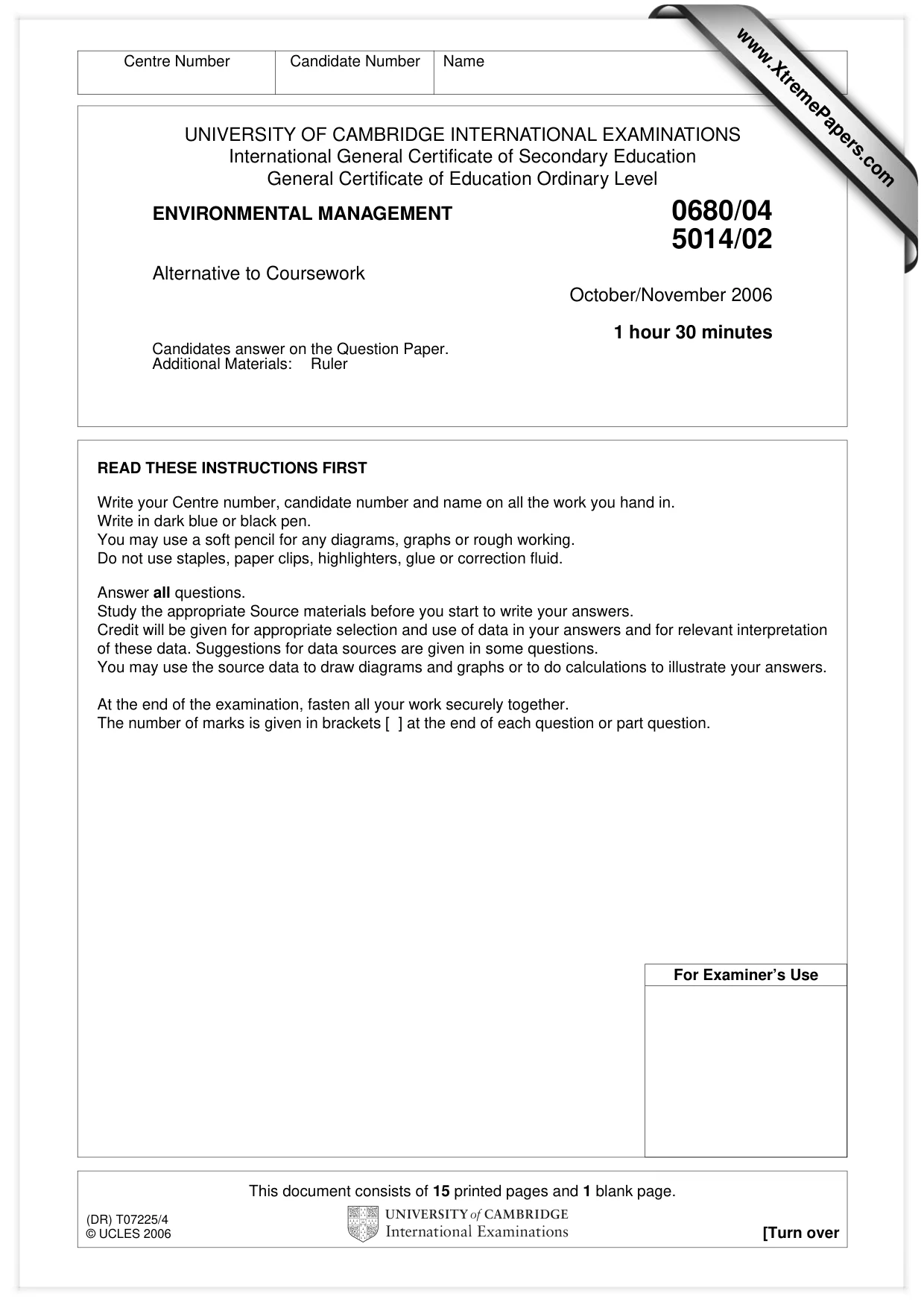 Cambridge IGCSE Environmental Management 0680 2006 Oct/Nov Paper 4 · Variant 1 question paper, page 1 of 16