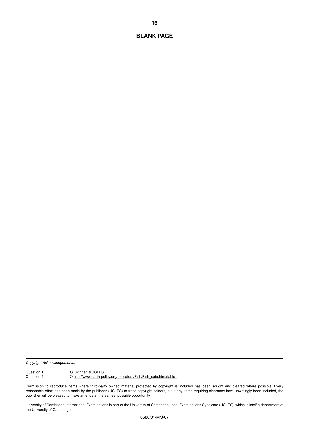Cambridge IGCSE Environmental Management 0680 2007 May/June Paper 1 · Variant 1 question paper, page 16 of 16