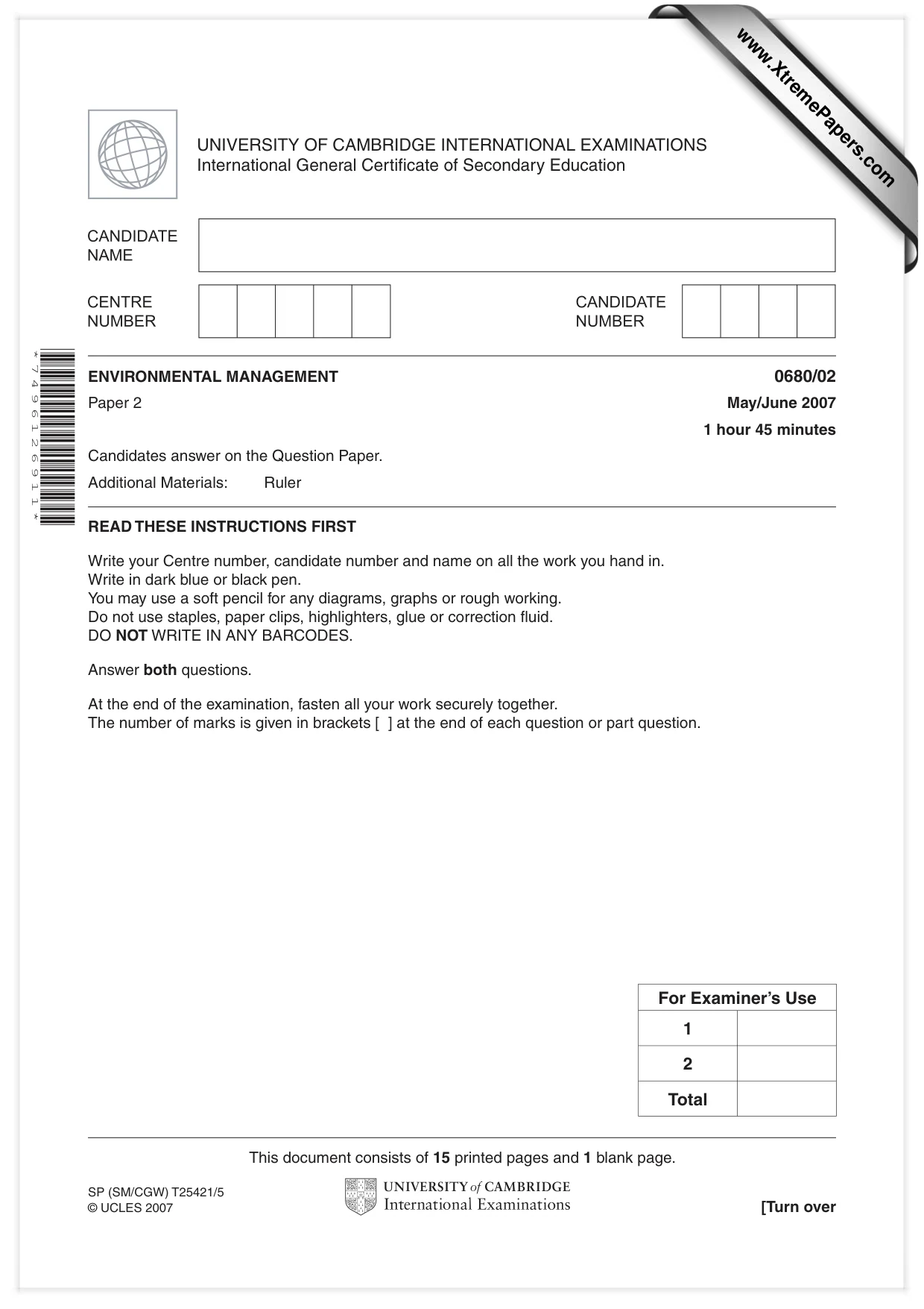 Cambridge IGCSE Environmental Management 0680 2007 May/June Paper 2 · Variant 1 question paper, page 1 of 16