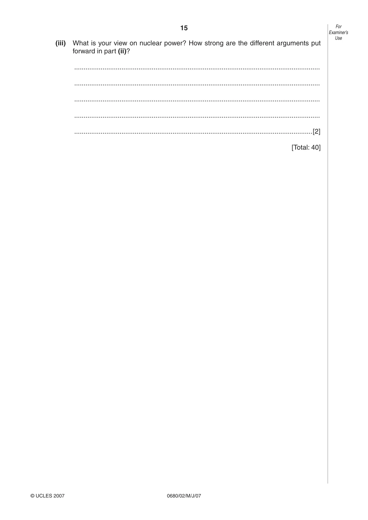 Cambridge IGCSE Environmental Management 0680 2007 May/June Paper 2 · Variant 1 question paper, page 15 of 16