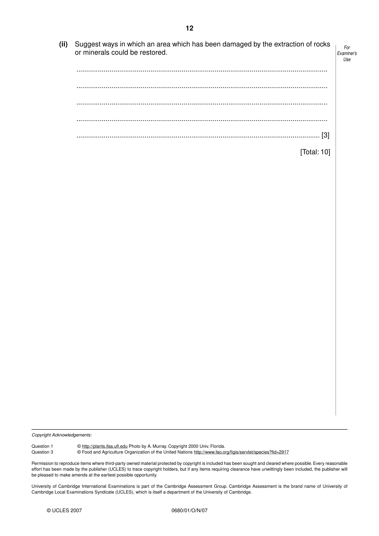 Cambridge IGCSE Environmental Management 0680 2007 Oct/Nov Paper 1 · Variant 1 question paper, page 12 of 12