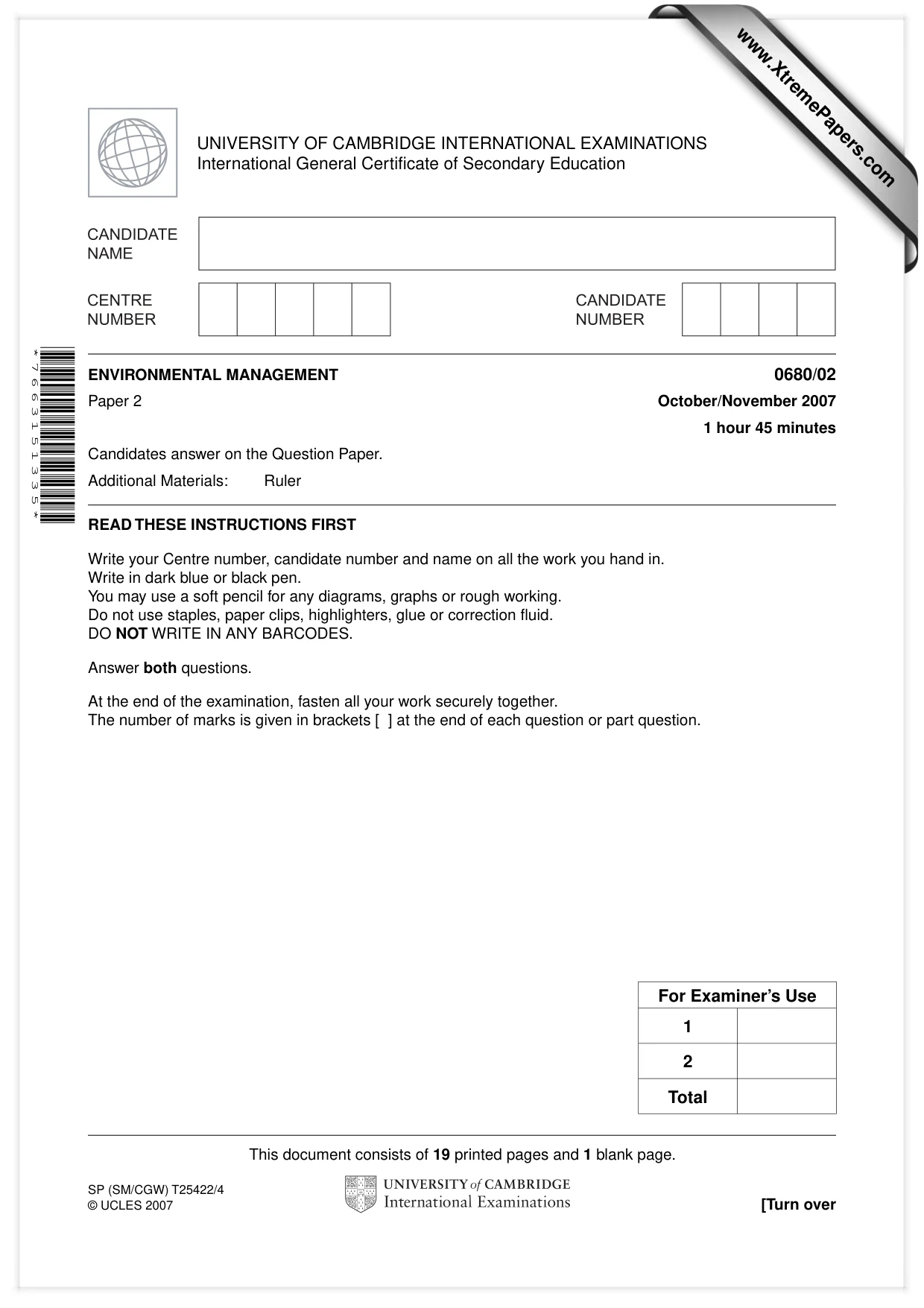 Cambridge IGCSE Environmental Management 0680 2007 Oct/Nov Paper 2 · Variant 1 question paper, page 1 of 20
