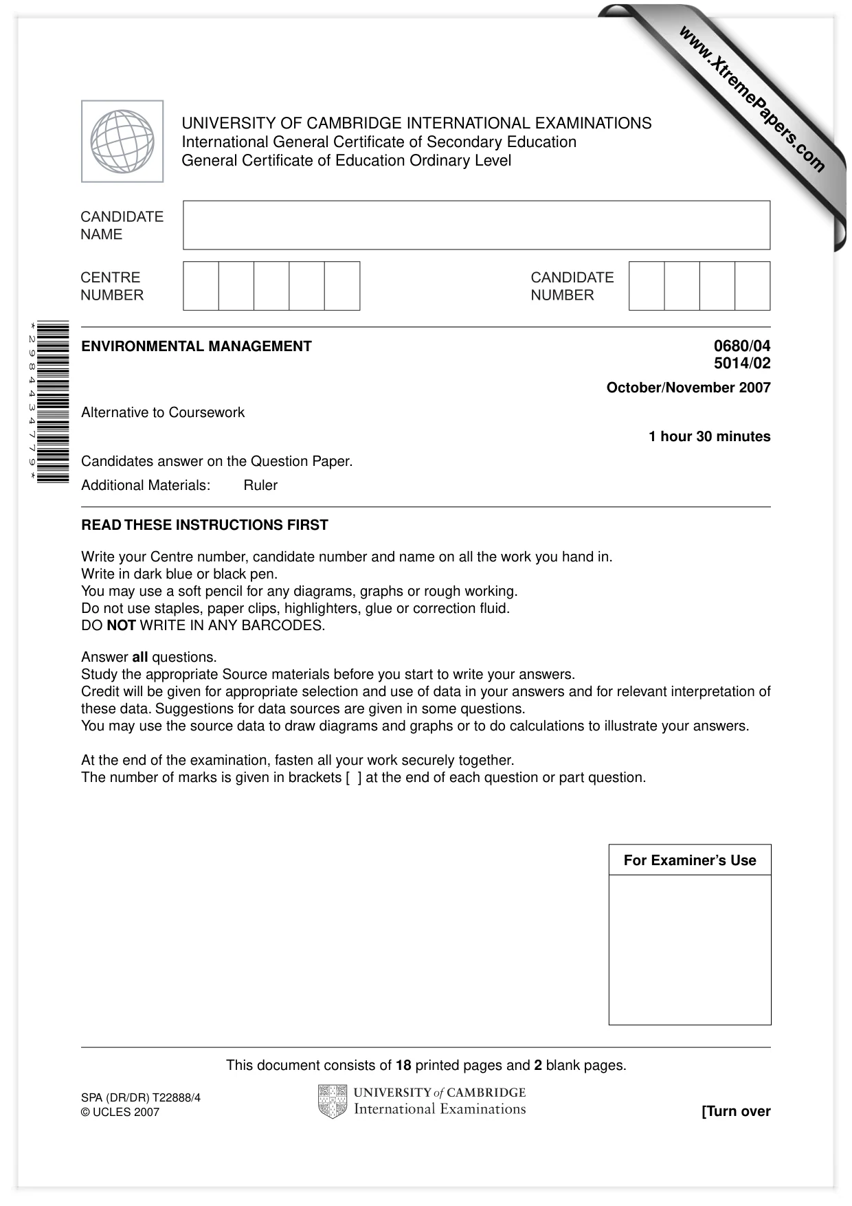 Cambridge IGCSE Environmental Management 0680 2007 Oct/Nov Paper 4 · Variant 1 question paper, page 1 of 20