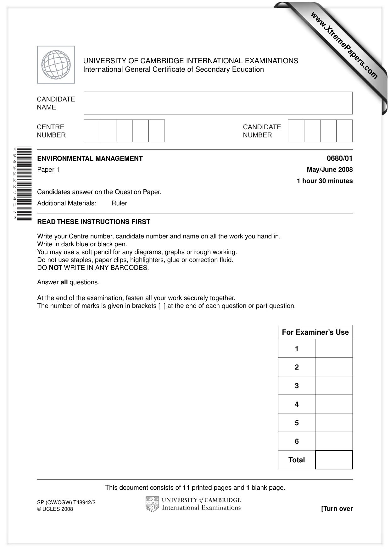 Cambridge IGCSE Environmental Management 0680 2008 May/June Paper 1 · Variant 1 question paper, page 1 of 12