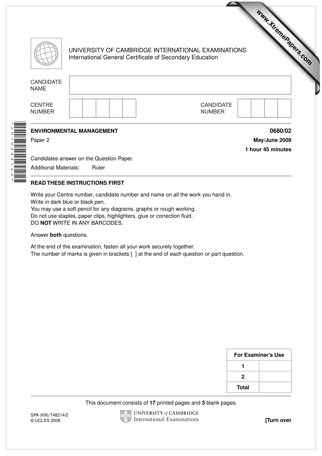 Cambridge IGCSE Environmental Management 0680 2008 May/June Paper 2 · Variant 1 question paper, page 1 of 20
