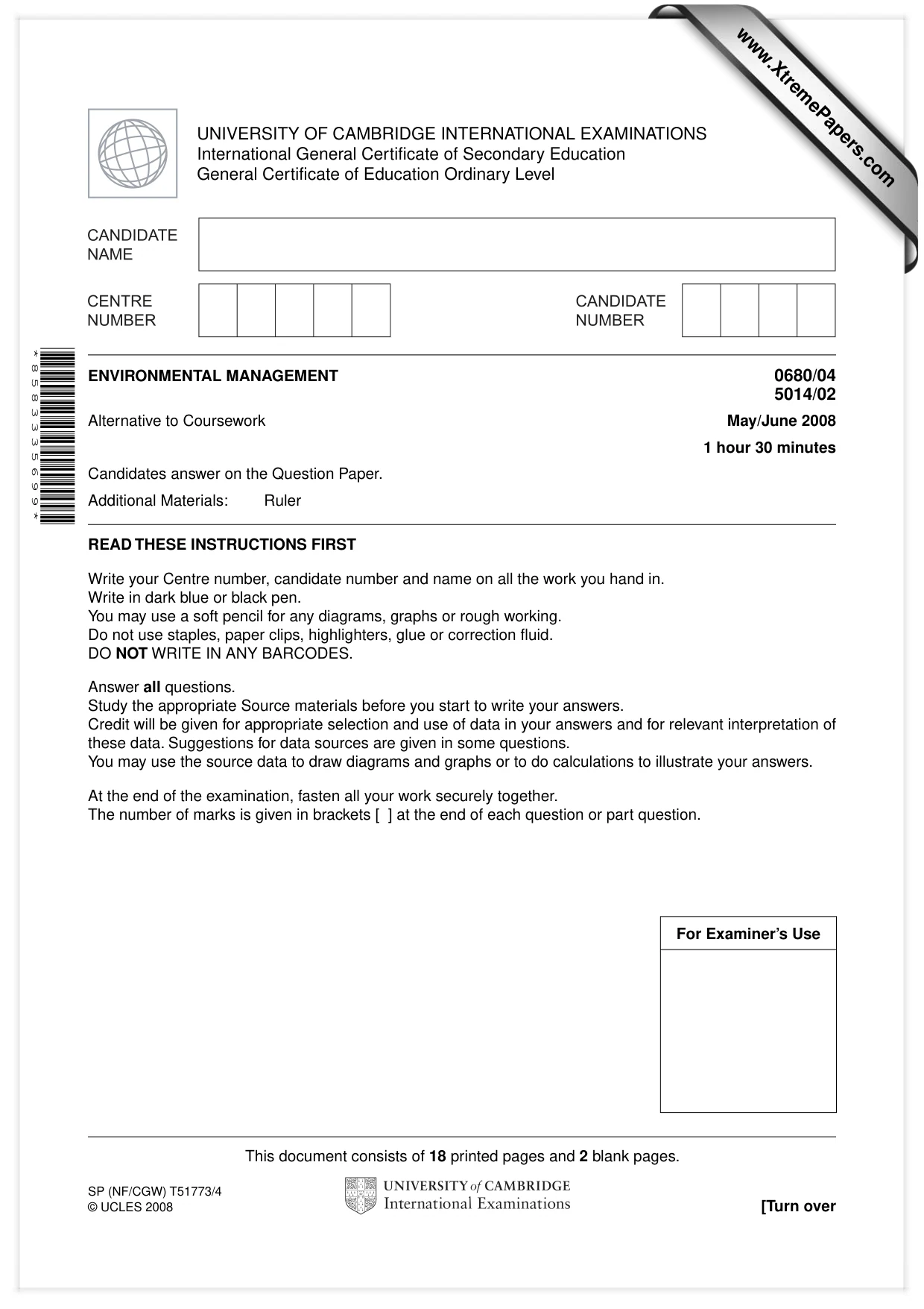 Cambridge IGCSE Environmental Management 0680 2008 May/June Paper 4 · Variant 1 question paper, page 1 of 20
