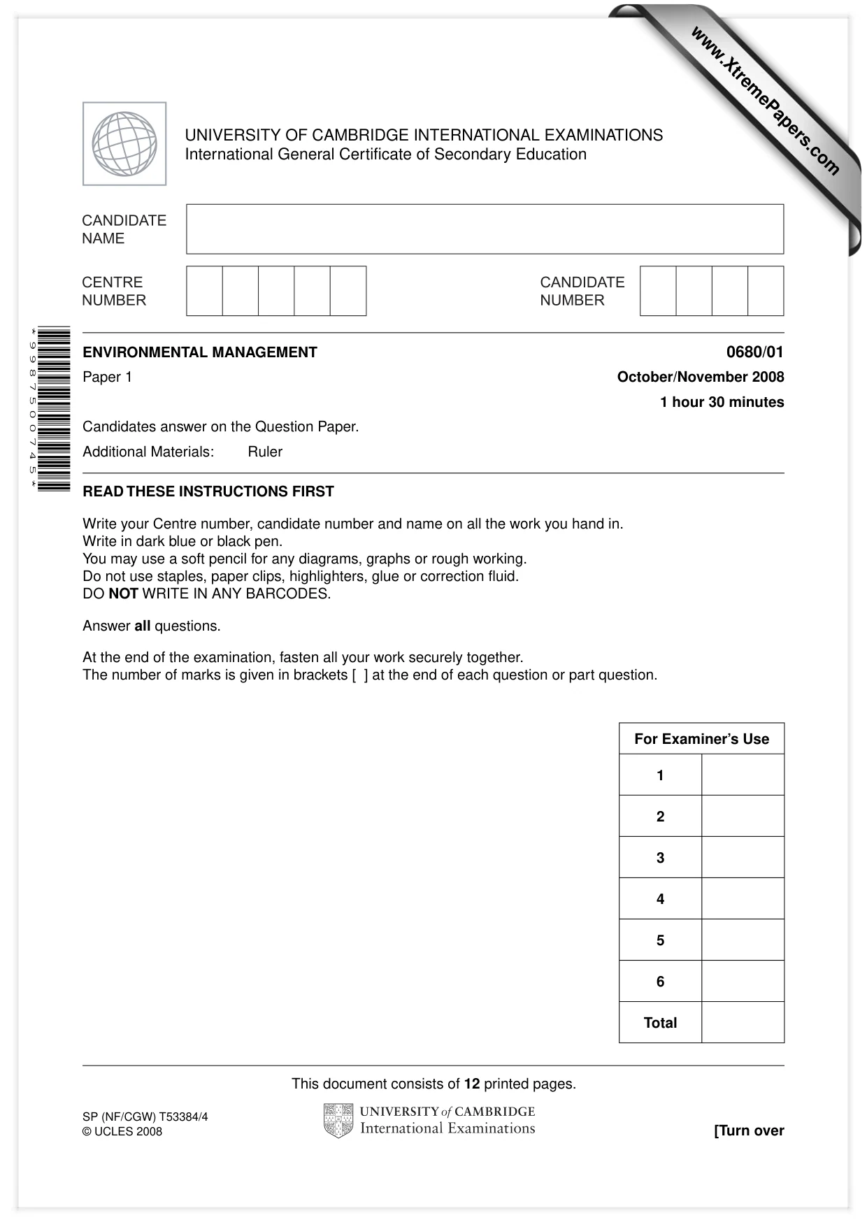 Cambridge IGCSE Environmental Management 0680 2008 Oct/Nov Paper 1 · Variant 1 question paper, page 1 of 12