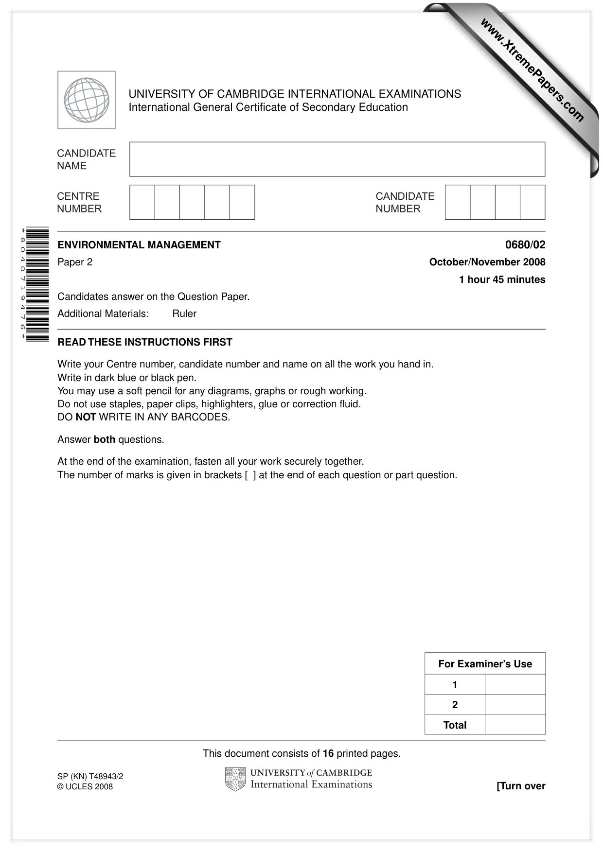 Cambridge IGCSE Environmental Management 0680 2008 Oct/Nov Paper 2 · Variant 1 question paper, page 1 of 16