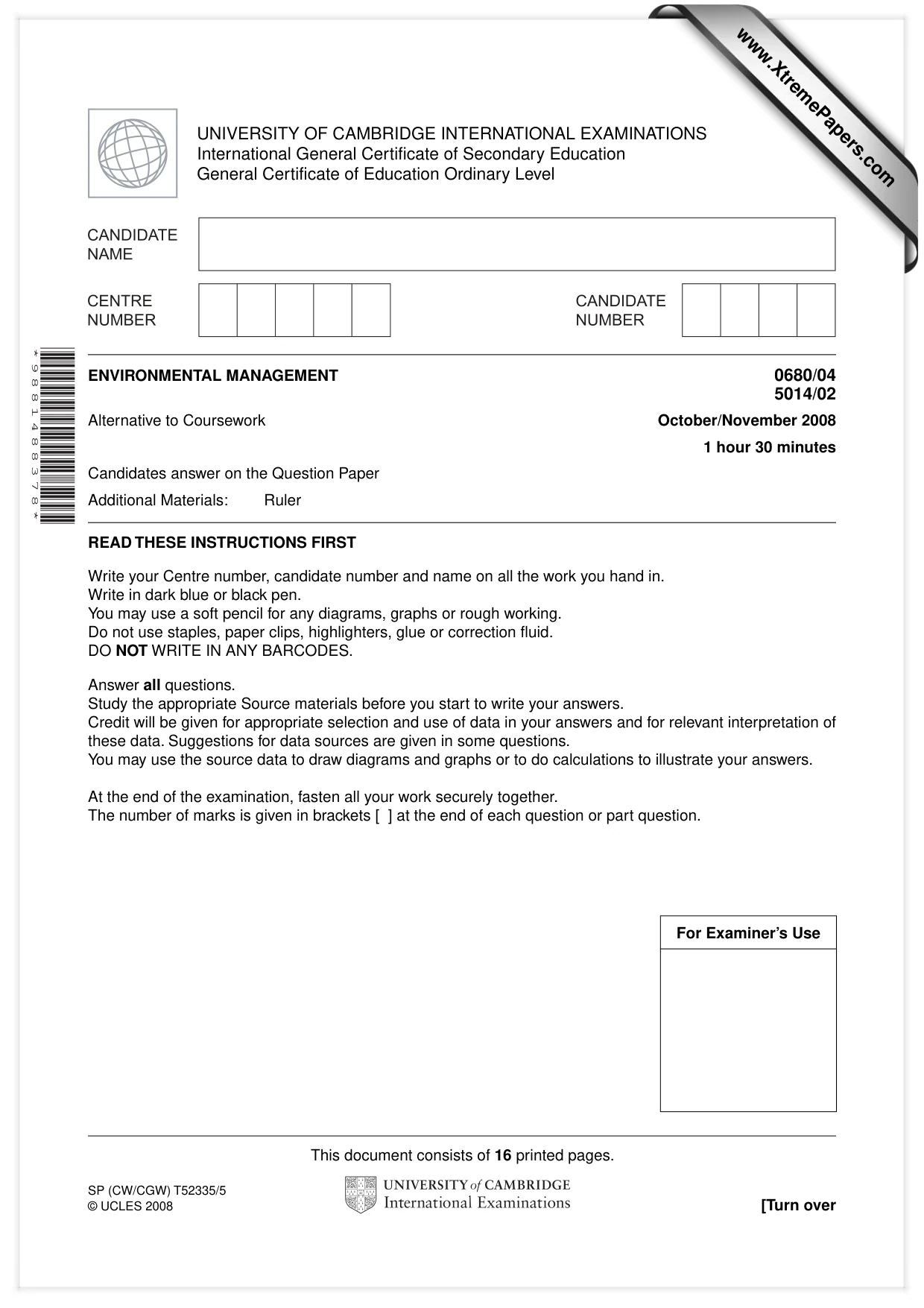 Cambridge IGCSE Environmental Management 0680 2008 Oct/Nov Paper 4 · Variant 1 question paper, page 1 of 16