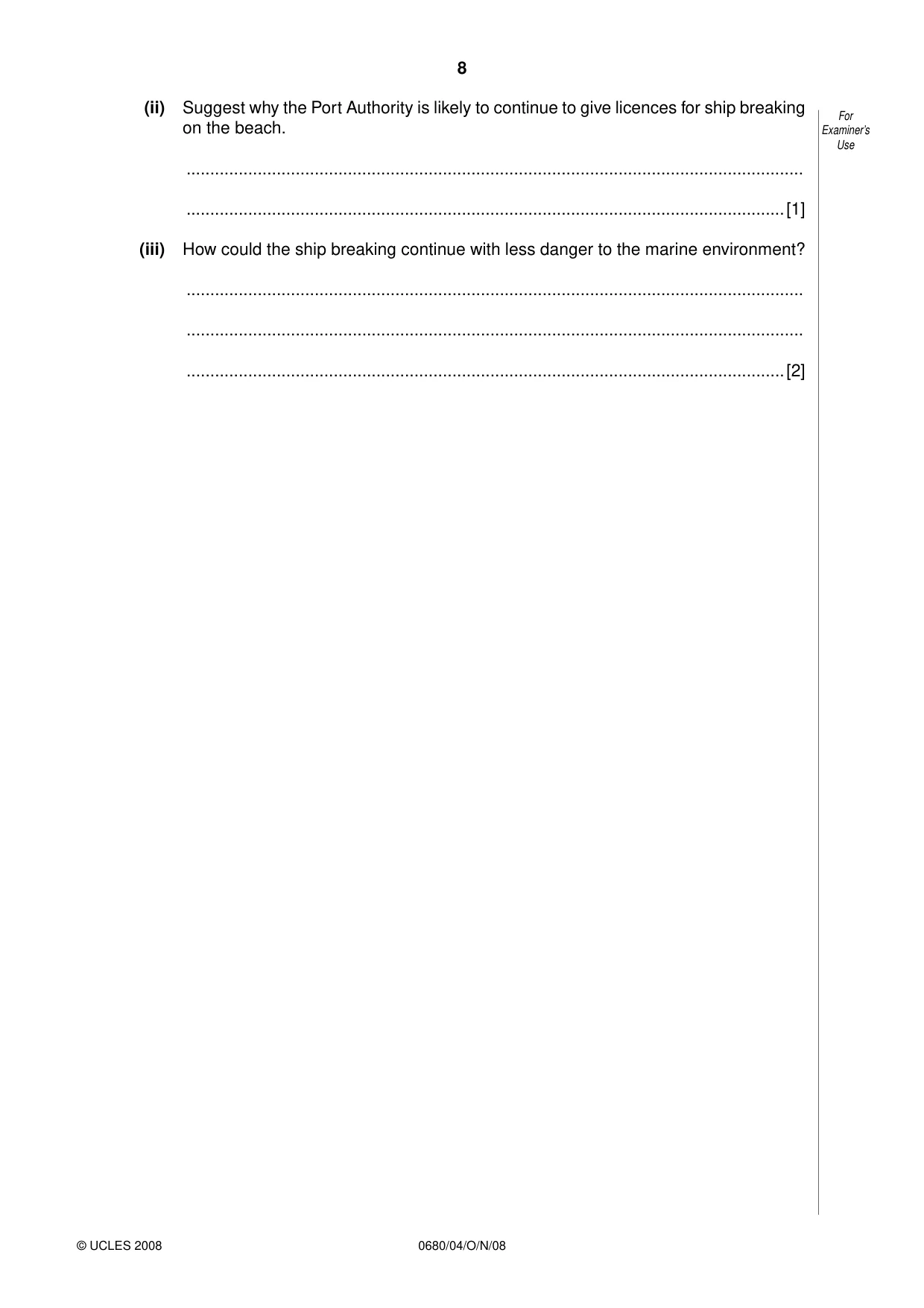 Cambridge IGCSE Environmental Management 0680 2008 Oct/Nov Paper 4 · Variant 1 question paper, page 8 of 16