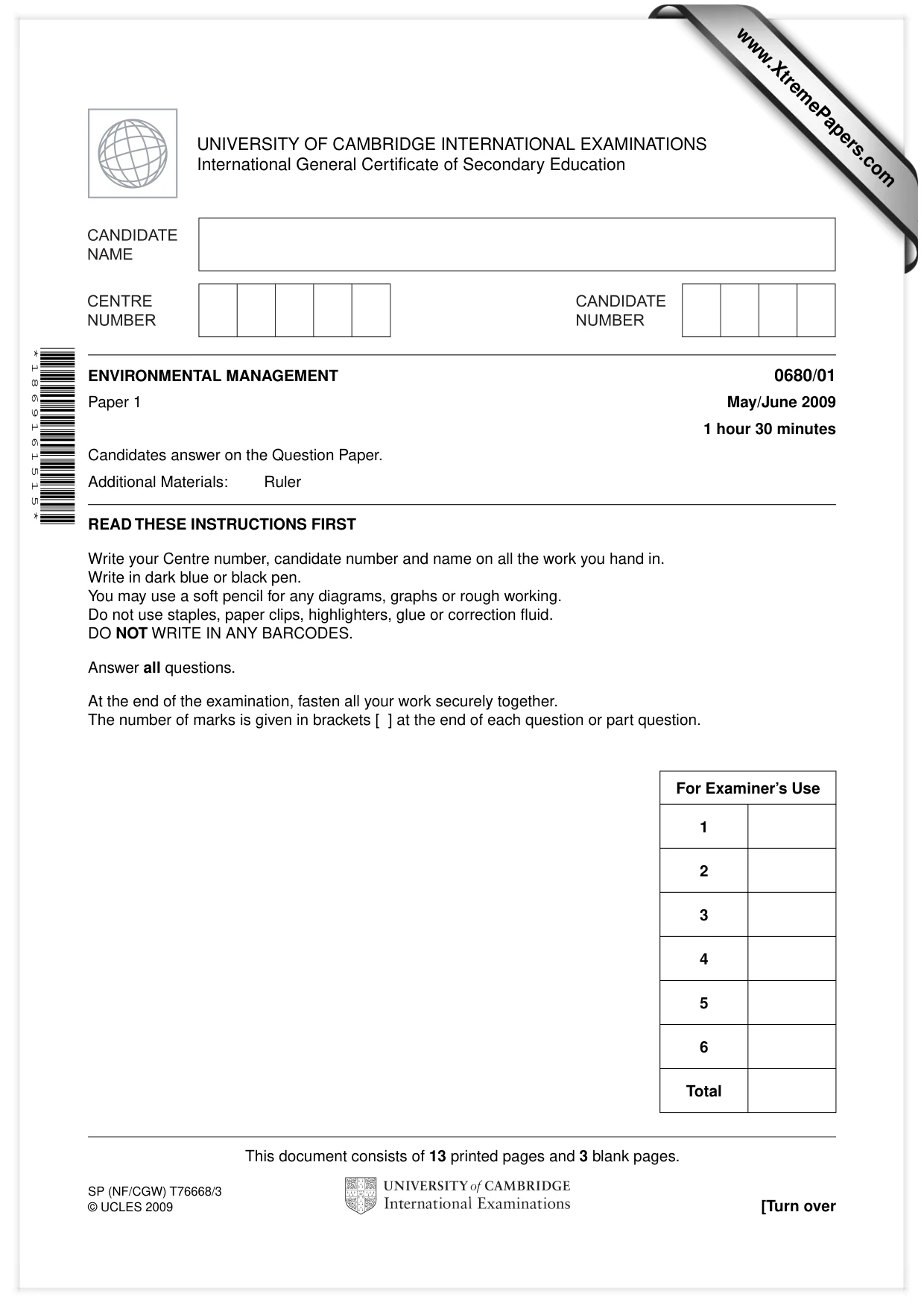 Cambridge IGCSE Environmental Management 0680 2009 May/June Paper 1 · Variant 1 question paper, page 1 of 16