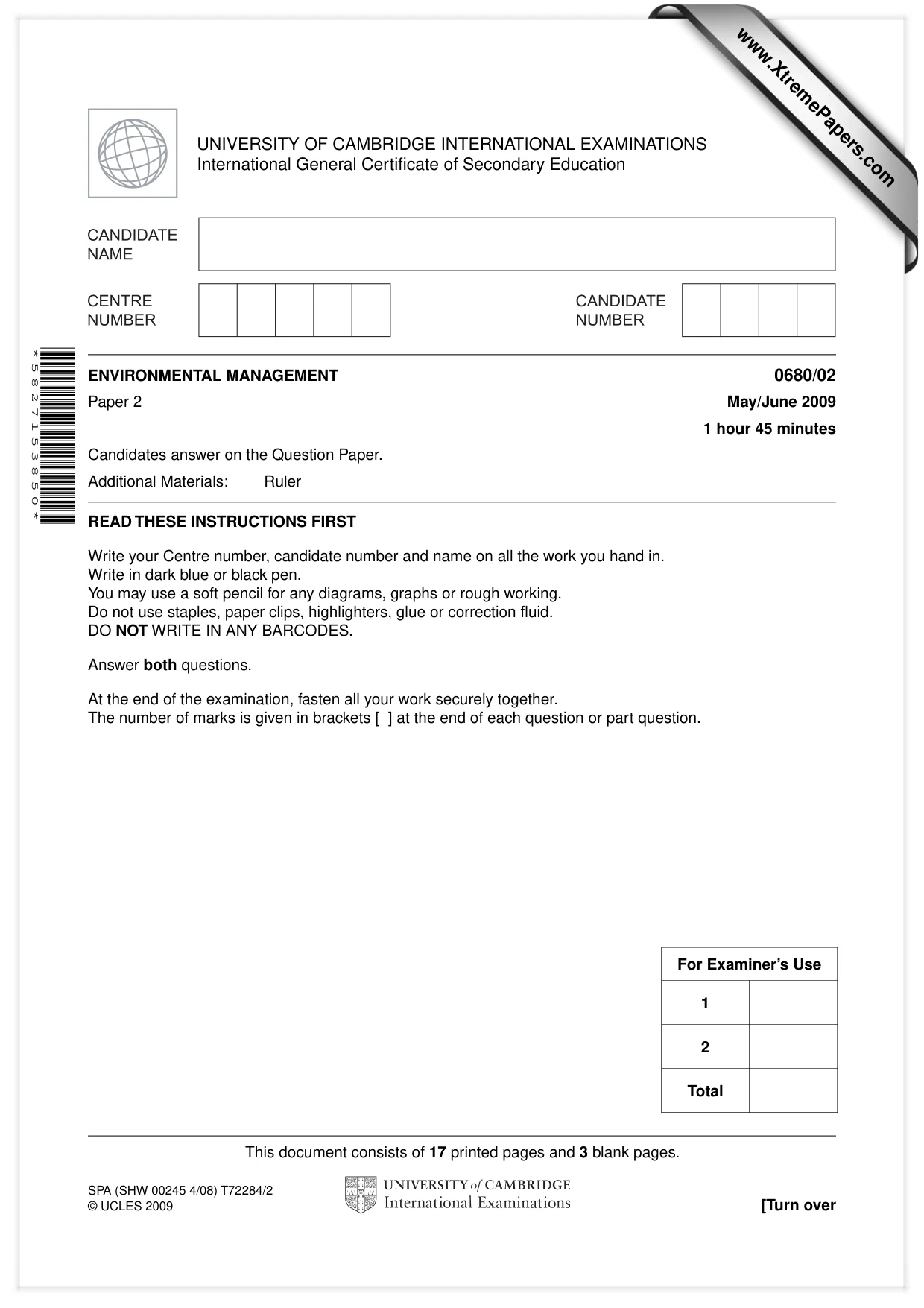 Cambridge IGCSE Environmental Management 0680 2009 May/June Paper 2 · Variant 1 question paper, page 1 of 20