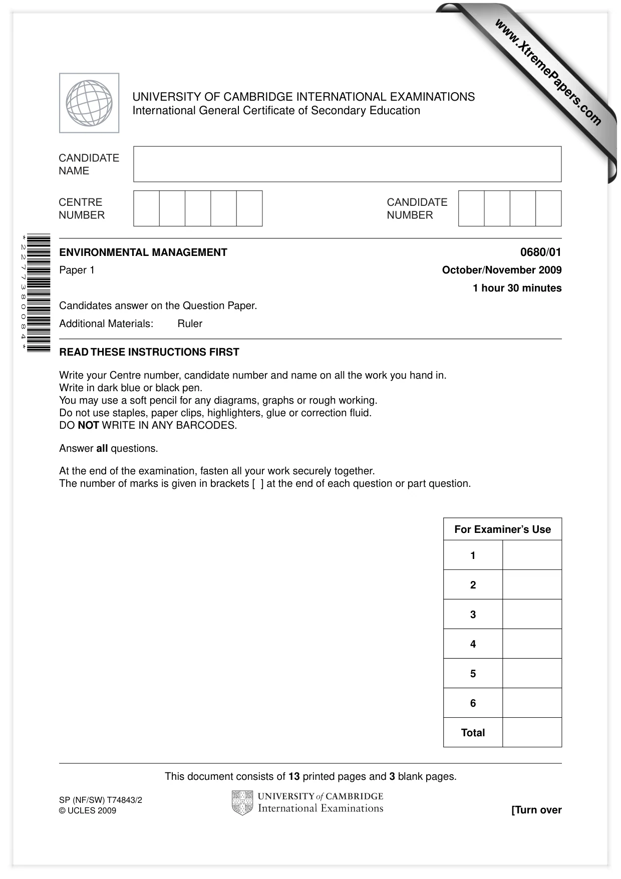 Cambridge IGCSE Environmental Management 0680 2009 Oct/Nov Paper 1 · Variant 1 question paper, page 1 of 16