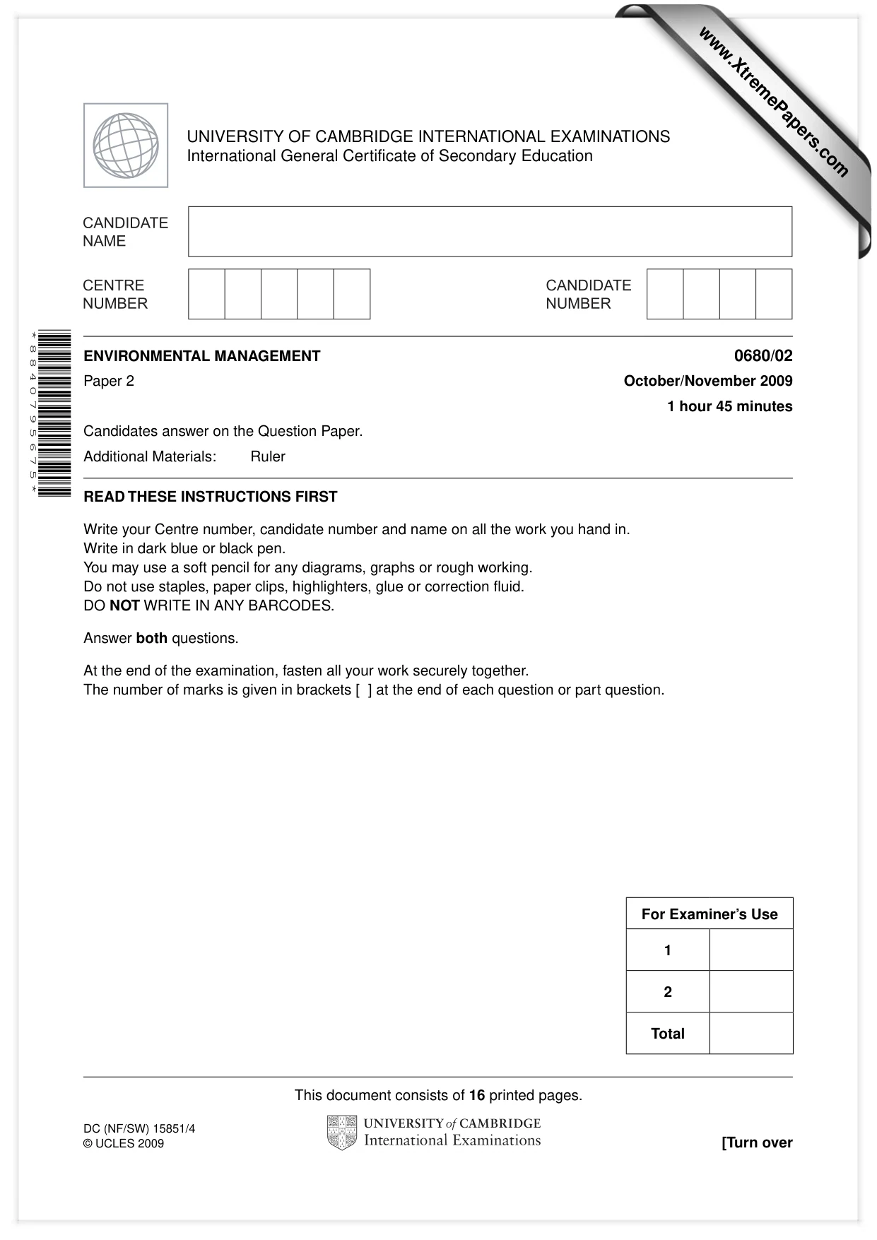 Cambridge IGCSE Environmental Management 0680 2009 Oct/Nov Paper 2 · Variant 1 question paper, page 1 of 16